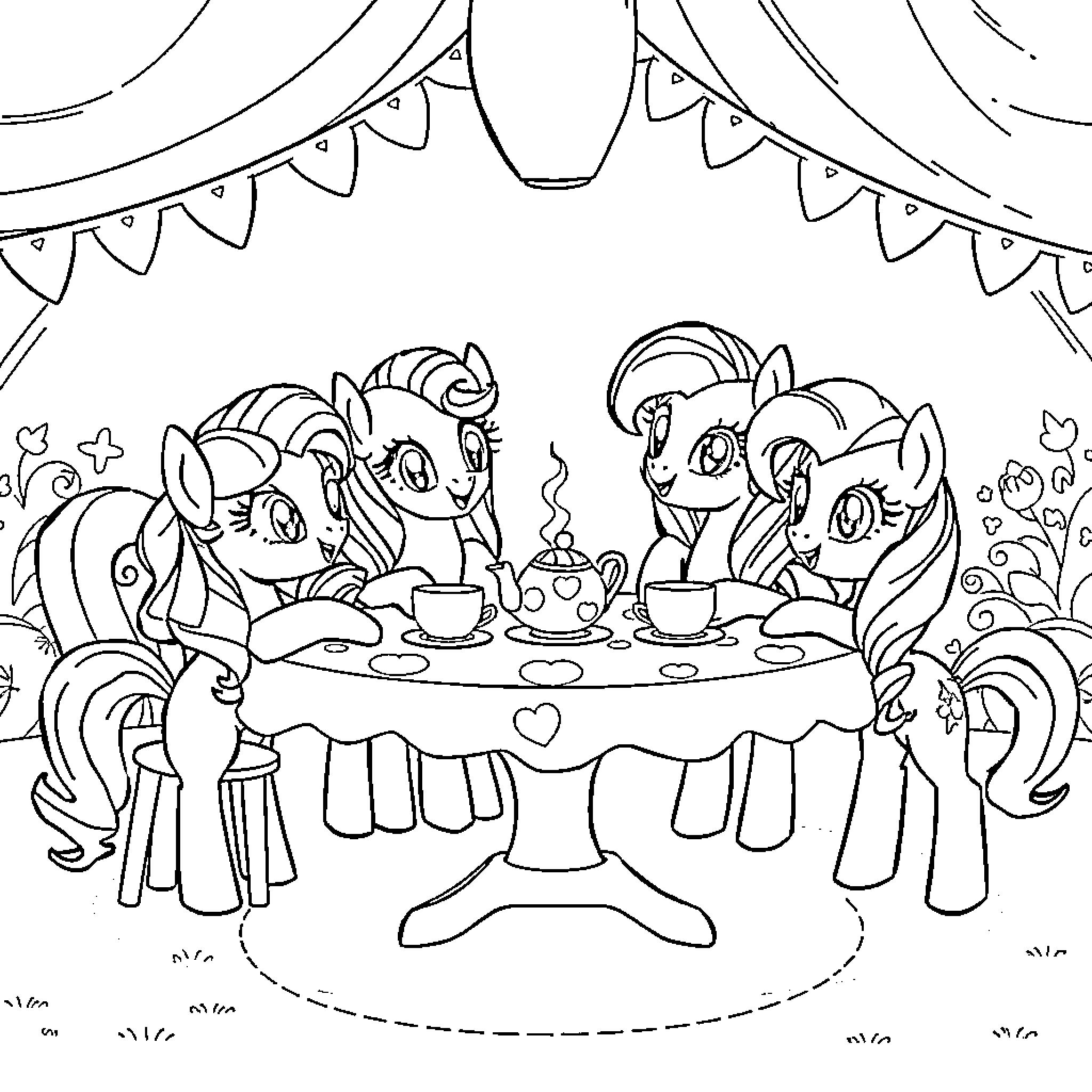 Ponies enjoying a tea party with friends Coloring Page (free black-and-white line drawing printable PDF for all, from beginners to advanced learners, including children, teens, adults, and seniors)