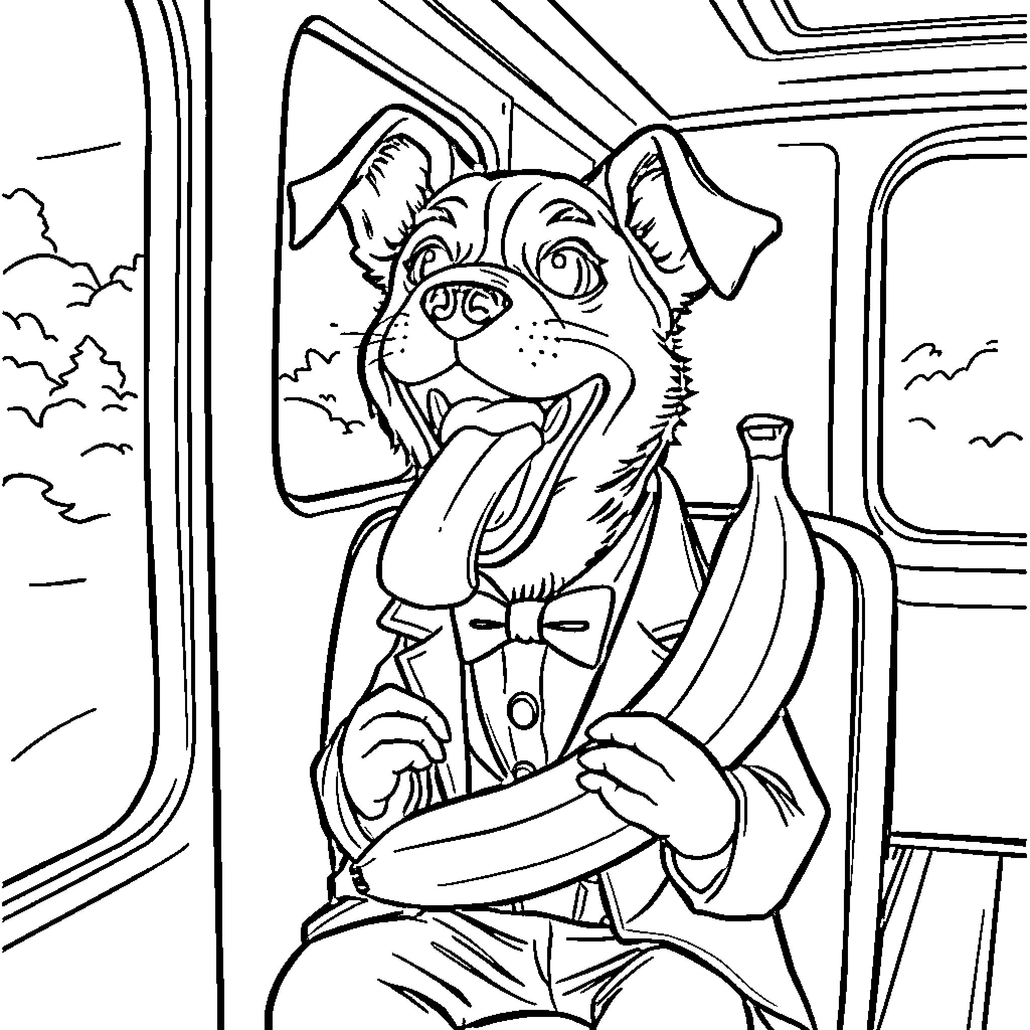 Dog enjoying a train ride with bananas Coloring Page (free black-and-white line drawing printable PDF for all, from beginners to advanced learners, including children, teens, adults, and seniors)