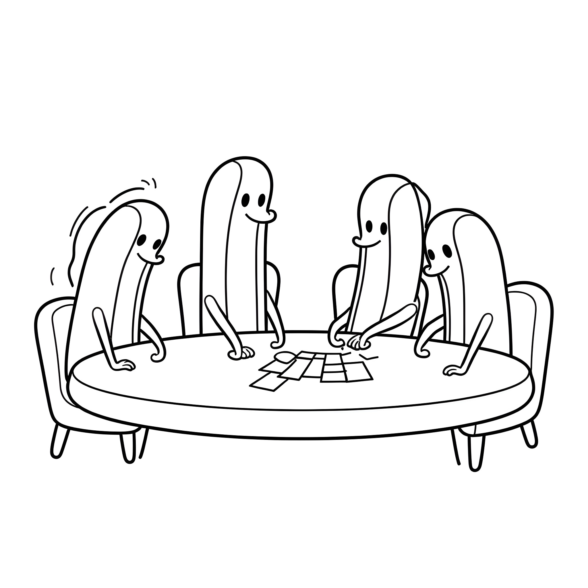Hotdog Characters Playing Board Game Together Coloring Page (free black-and-white line drawing printable PDF for all, from beginners to advanced learners, including children, teens, adults, and seniors)