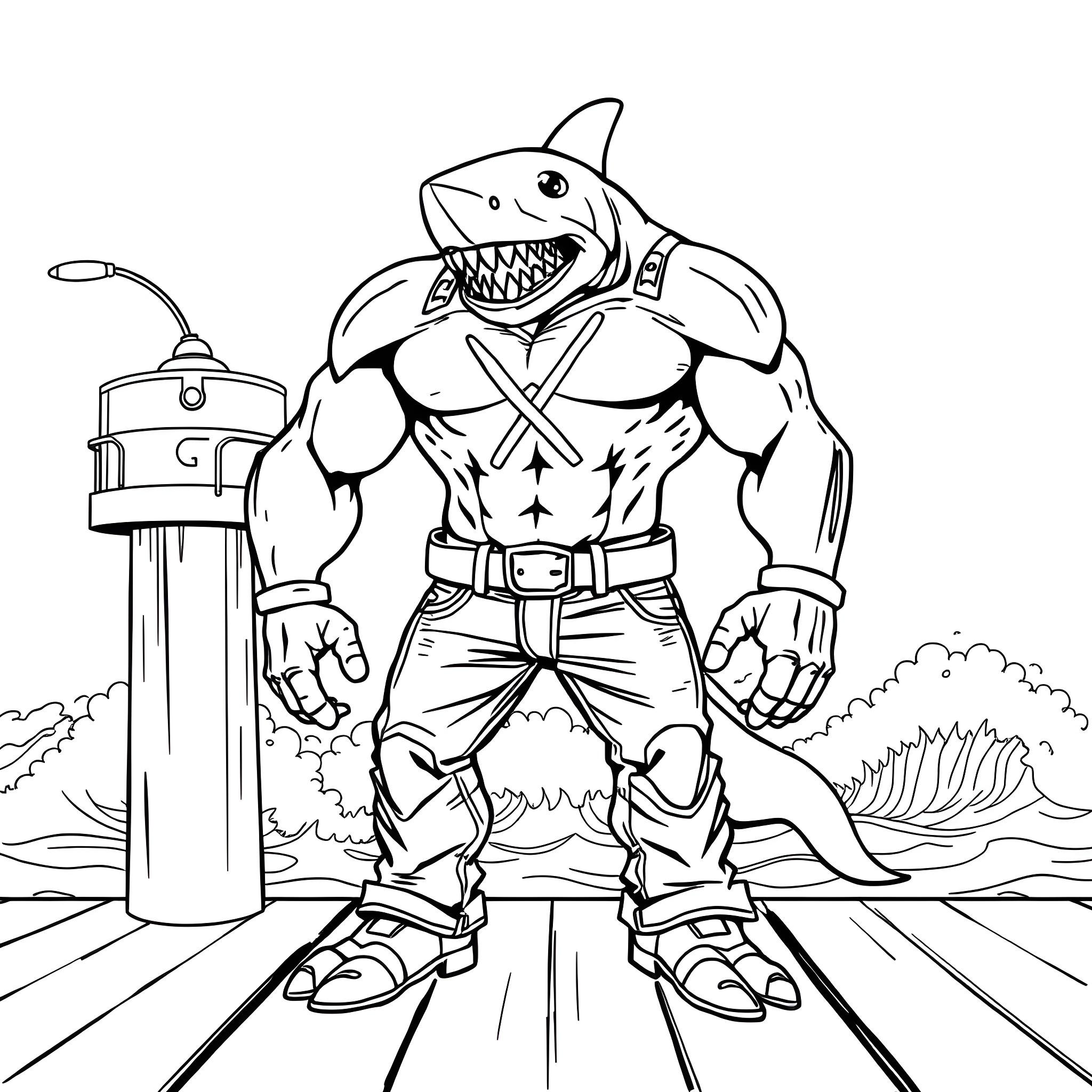 Shark superhero standing on a dock with coastal landscape Coloring Page (free black-and-white line drawing printable PDF for all, from beginners to advanced learners, including children, teens, adults, and seniors)
