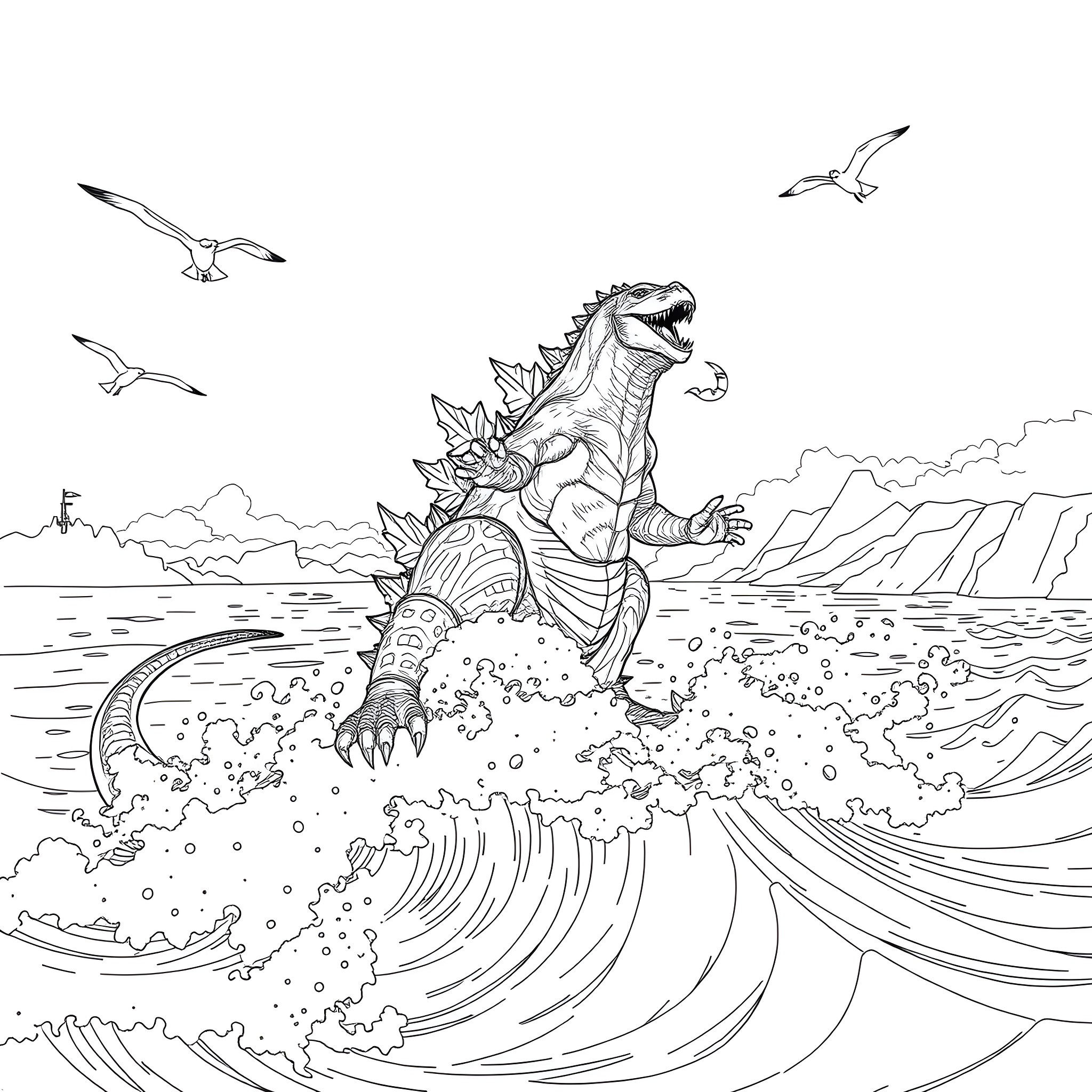 Godzilla Stomping Through Crashing Waves with Seagulls Coloring Page (free black-and-white line drawing printable PDF for all, from beginners to advanced learners, including children, teens, adults, and seniors)