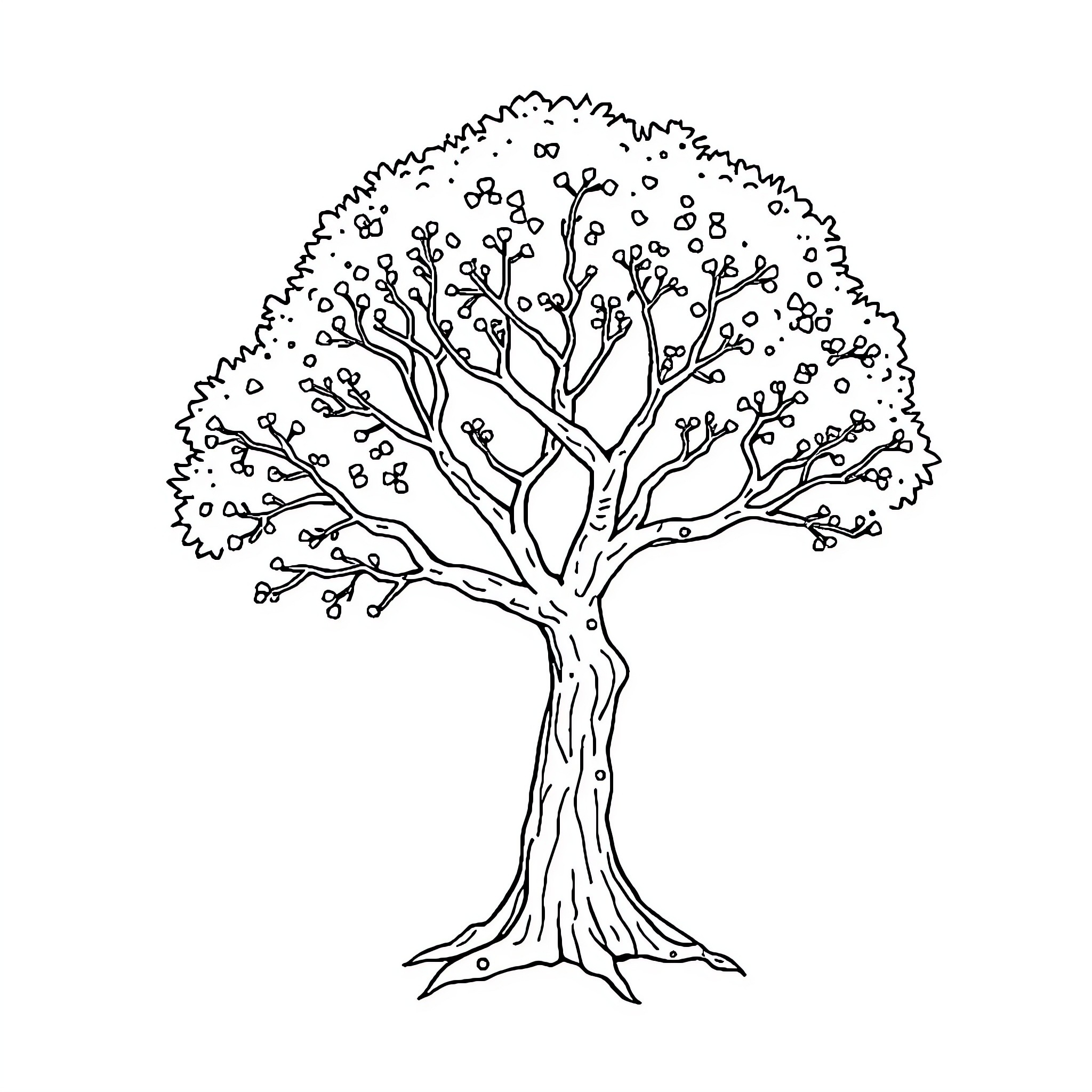 Tree with Intricate Branches and Foliage Coloring Page (free black-and-white line drawing printable PDF for all, from beginners to advanced learners, including children, teens, adults, and seniors)