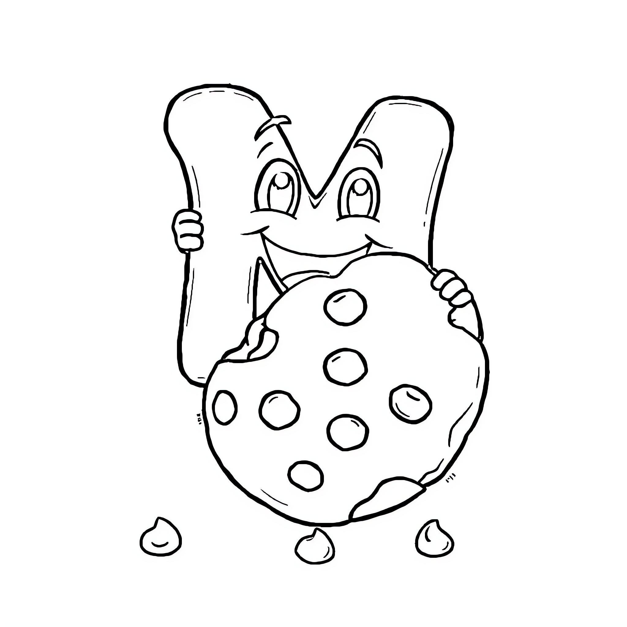 Letter M Chasing a Spotted Cookie Coloring Page (free black-and-white line drawing printable PDF for all, from beginners to advanced learners, including children, teens, adults, and seniors)
