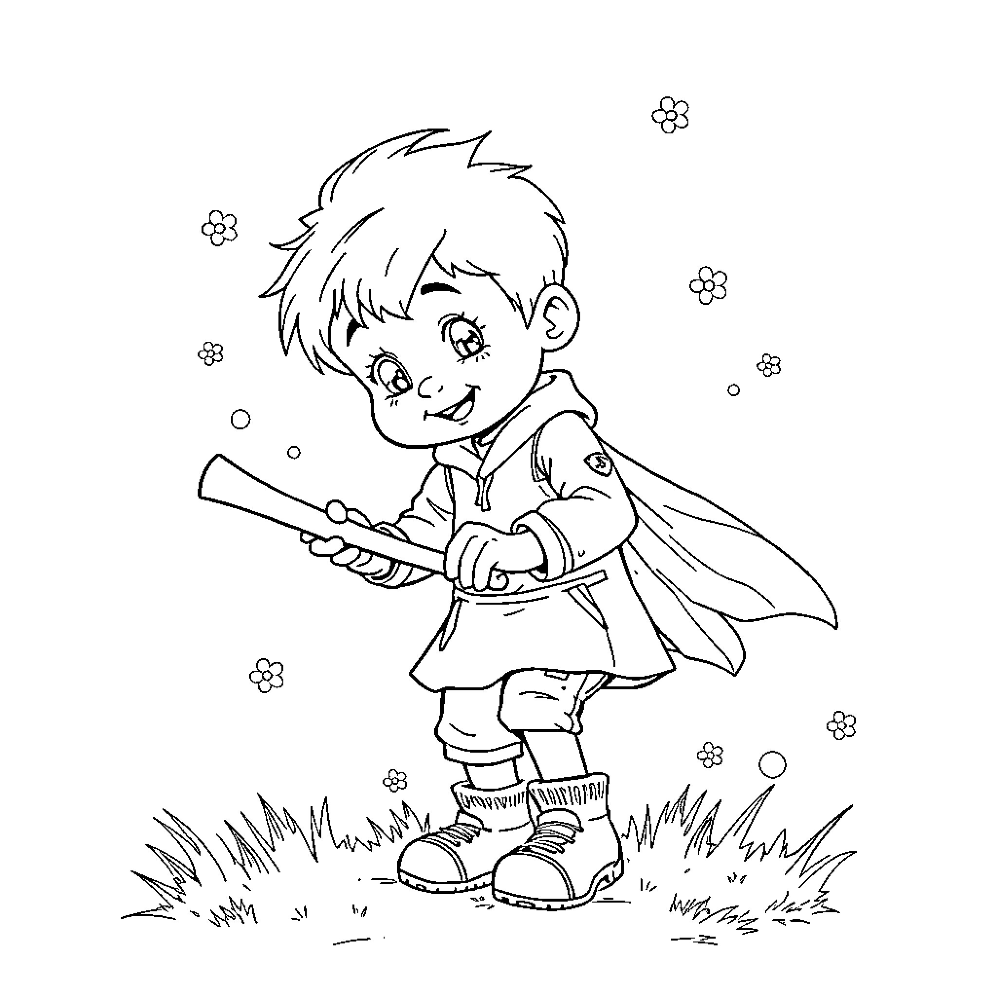 Child playing happily with a magic wand in the field Coloring Page (free black-and-white line drawing printable PDF for all, from beginners to advanced learners, including children, teens, adults, and seniors)