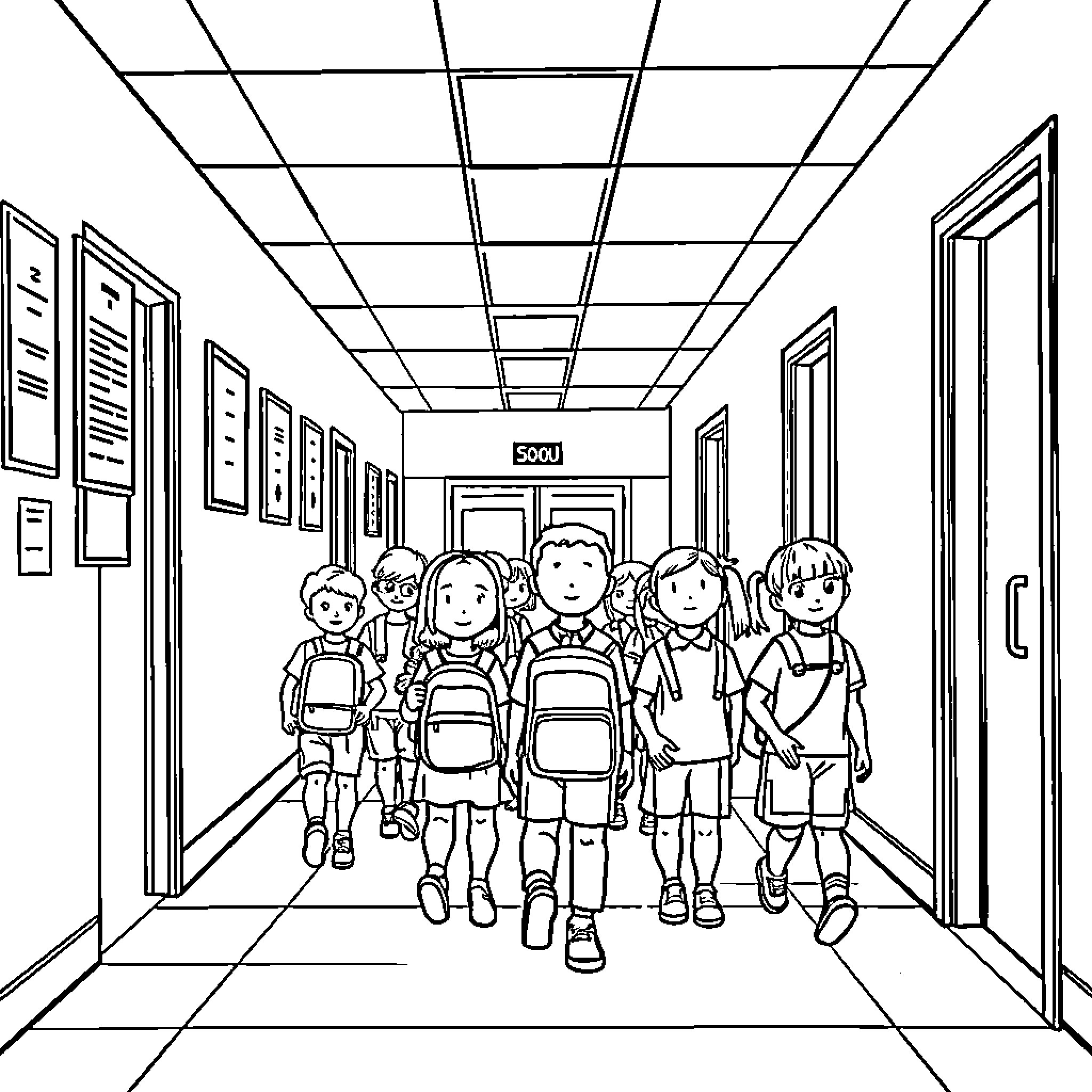 School Children Walking Down Hallway Coloring Page (free black-and-white line drawing printable PDF for all, from beginners to advanced learners, including children, teens, adults, and seniors)