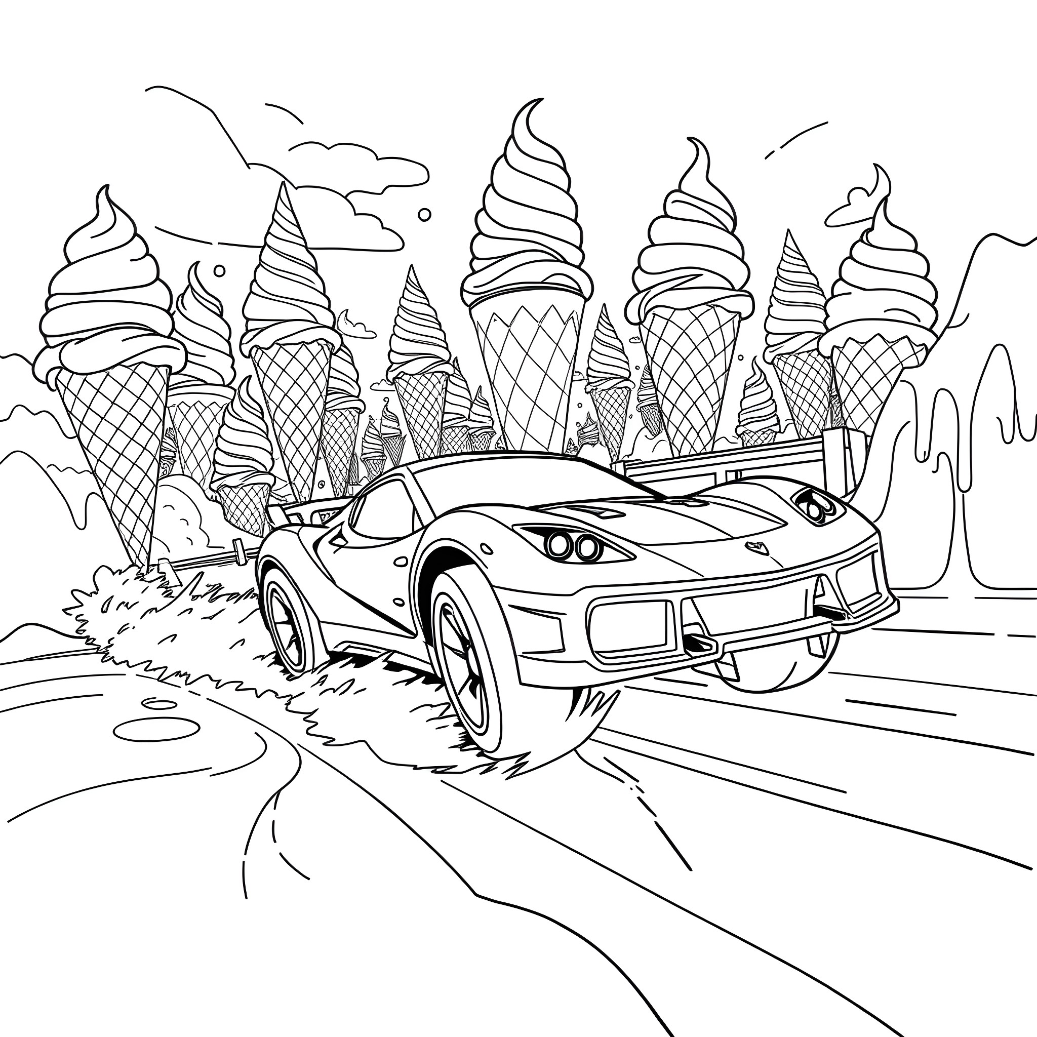 Hotwheels sports car in an ice cream landscape Coloring Page (free black-and-white line drawing printable PDF for all, from beginners to advanced learners, including children, teens, adults, and seniors)