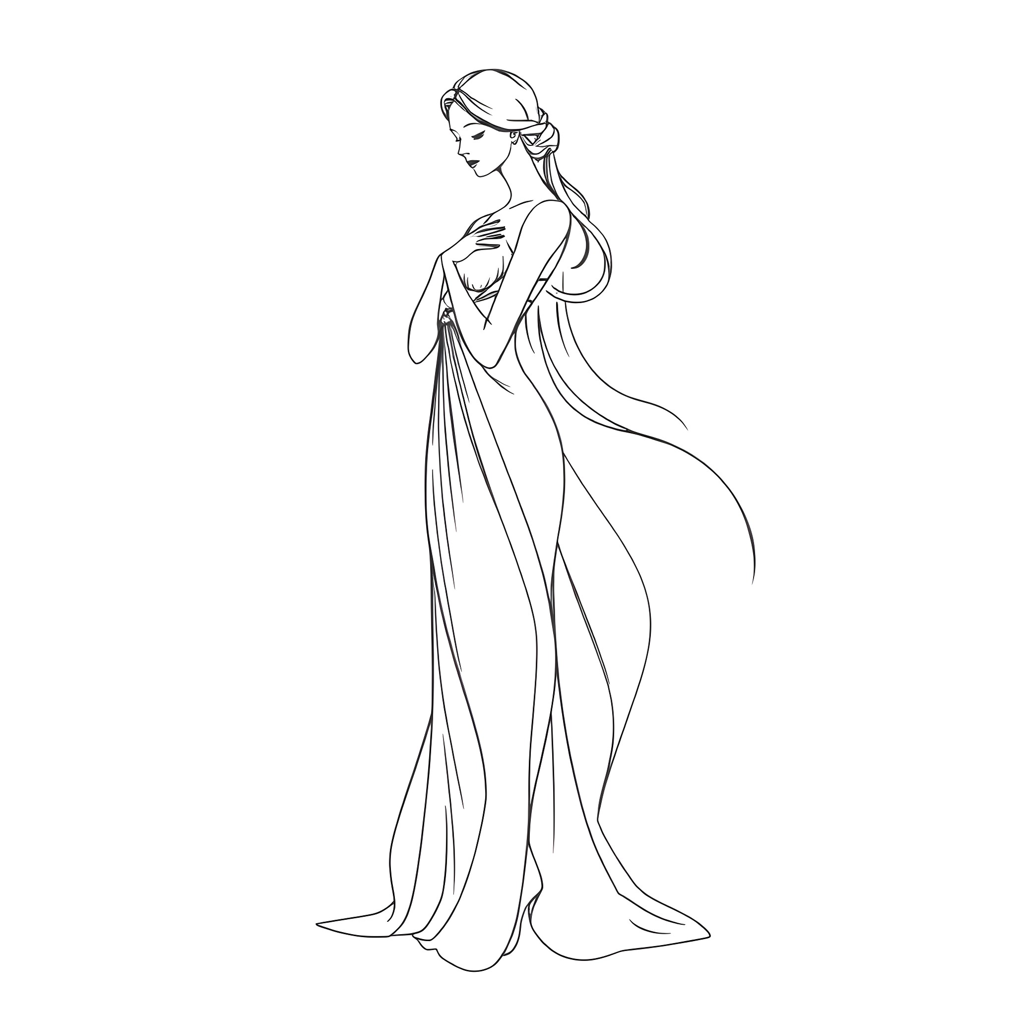 Person in flowing dress with elegant pose Coloring Page (free black-and-white line drawing printable PDF for all, from beginners to advanced learners, including children, teens, adults, and seniors)