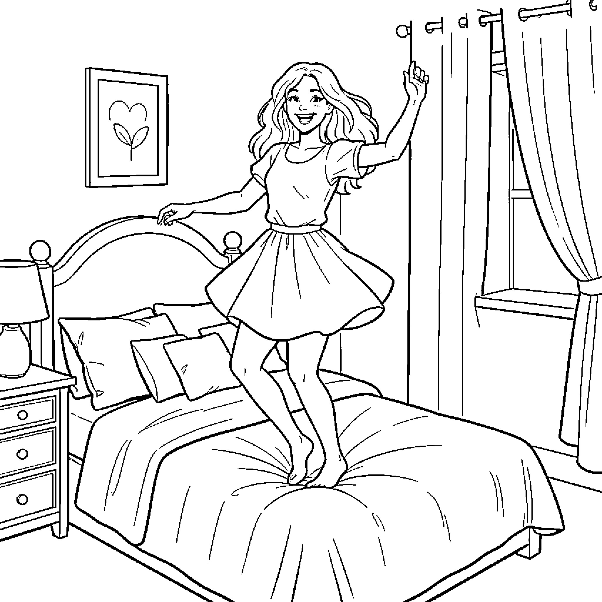 Woman joyfully dancing on her bed Coloring Page (free black-and-white line drawing printable PDF for all, from beginners to advanced learners, including children, teens, adults, and seniors)