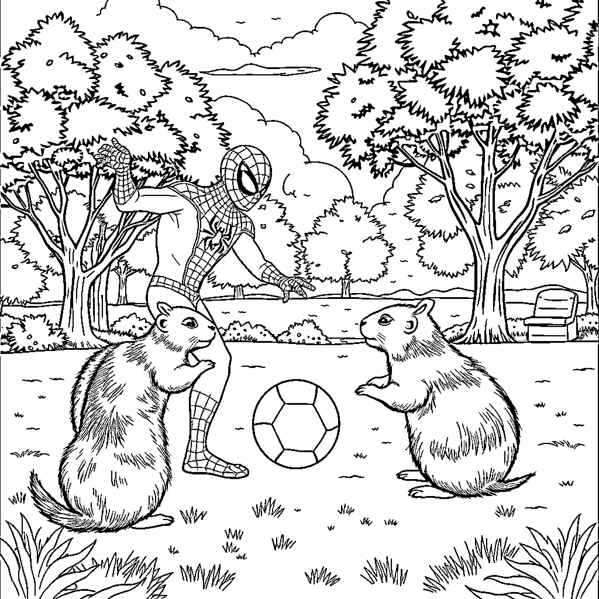 Spiderman playing soccer with squirrels in the park Coloring Page (free black-and-white line drawing printable PDF for all, from beginners to advanced learners, including children, teens, adults, and seniors)