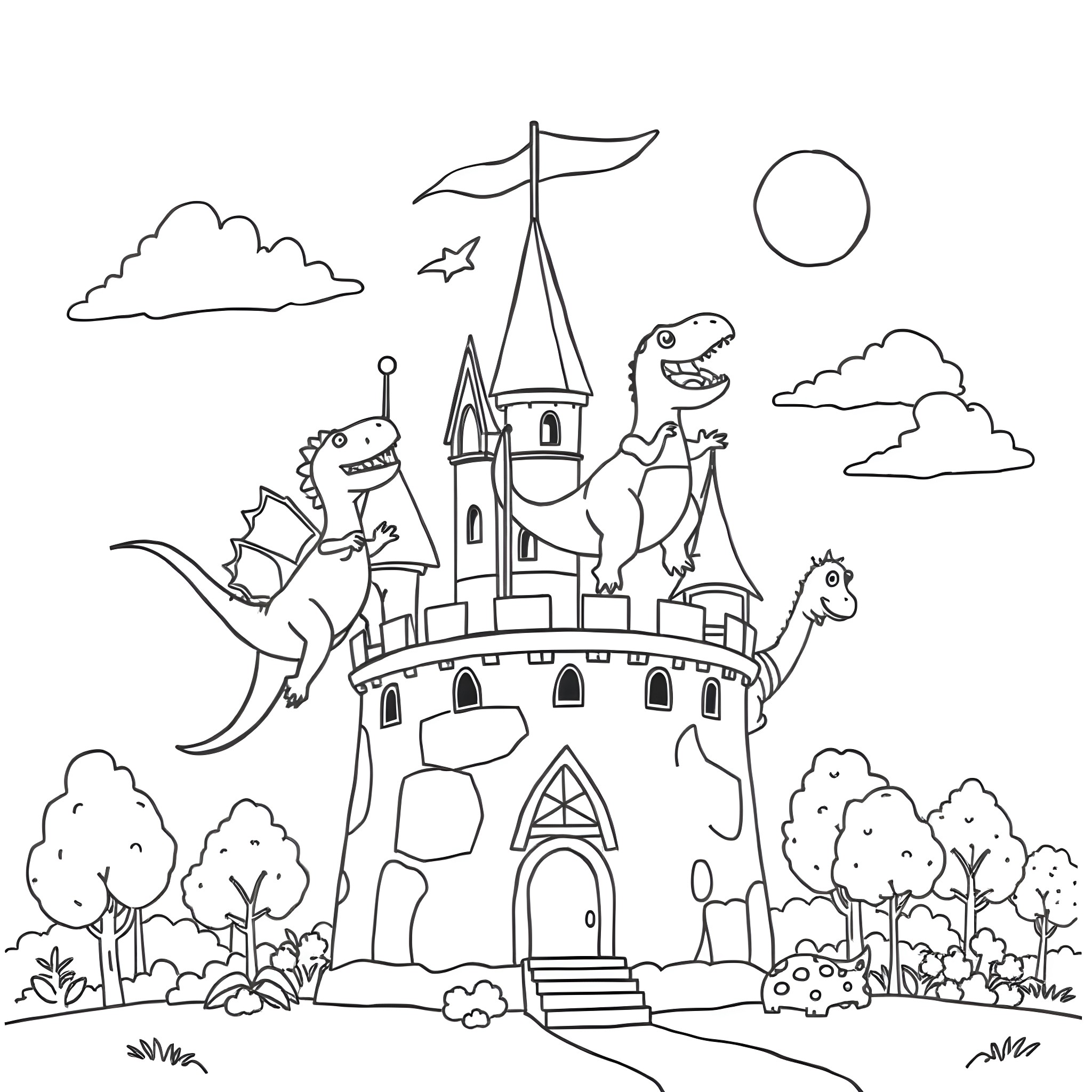 Dinosaurs exploring a magical castle Coloring Page (free black-and-white line drawing printable PDF for all, from beginners to advanced learners, including children, teens, adults, and seniors)