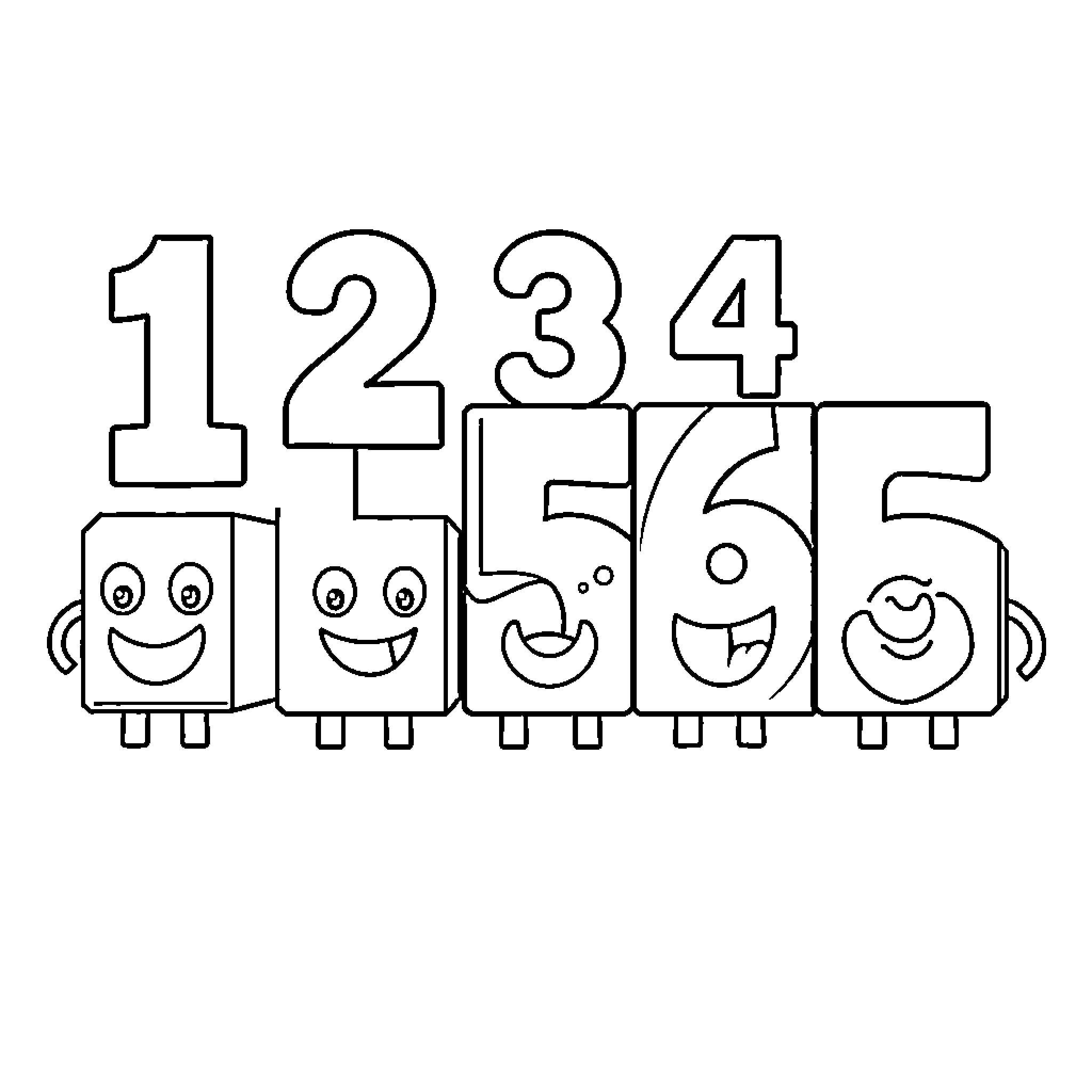 Number 1 2 3 4 Cute Cartoon Characters Coloring Page (free black-and-white line drawing printable PDF for all, from beginners to advanced learners, including children, teens, adults, and seniors)