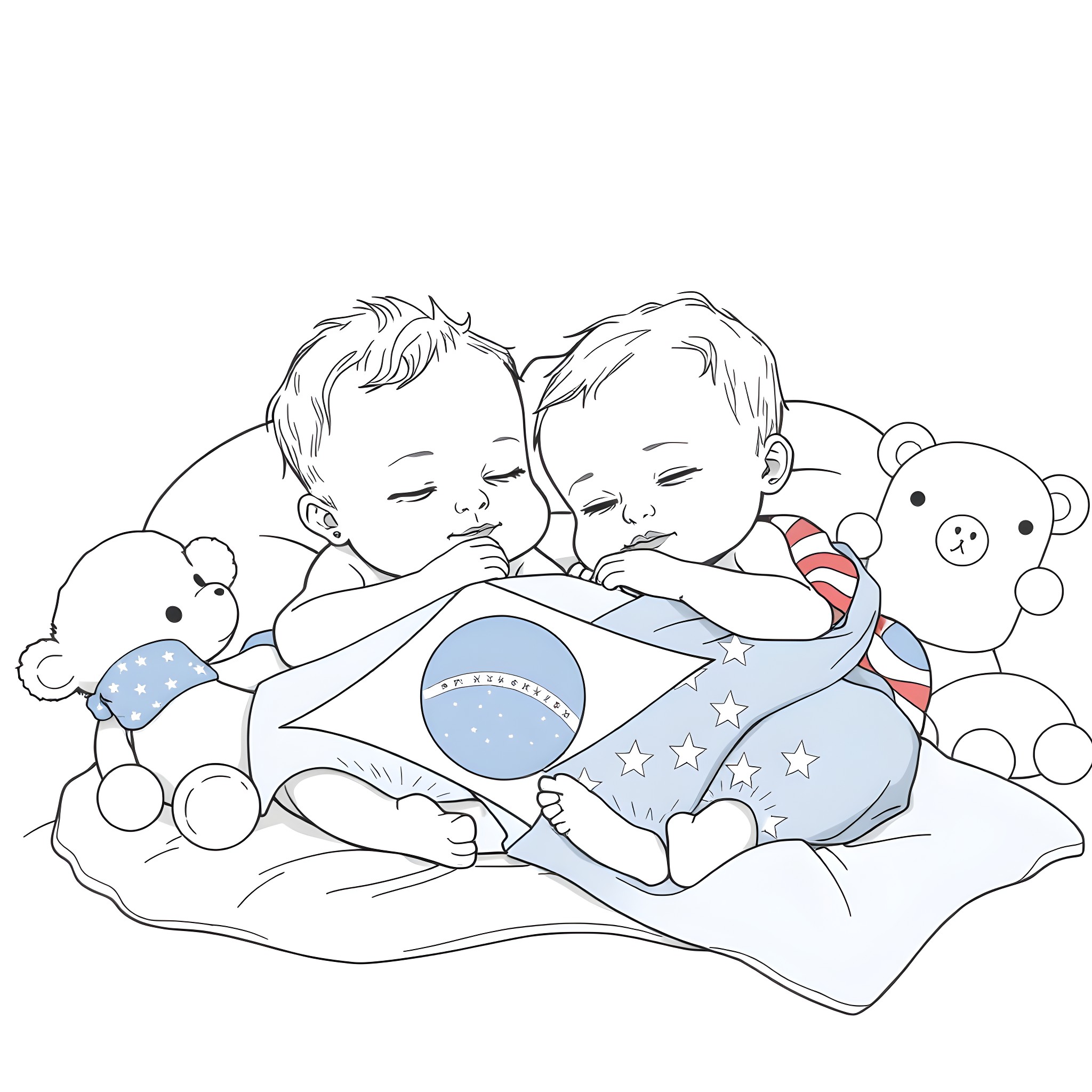 Baby twins sleeping peacefully with stuffed toys Coloring Page (free black-and-white line drawing printable PDF for all, from beginners to advanced learners, including children, teens, adults, and seniors)
