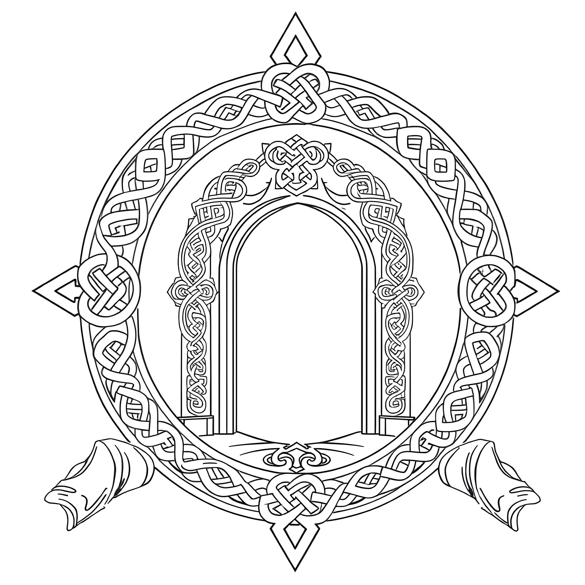 Celtic Knot Arch with Intricate Patterns Coloring Page (free black-and-white line drawing printable PDF for all, from beginners to advanced learners, including children, teens, adults, and seniors)