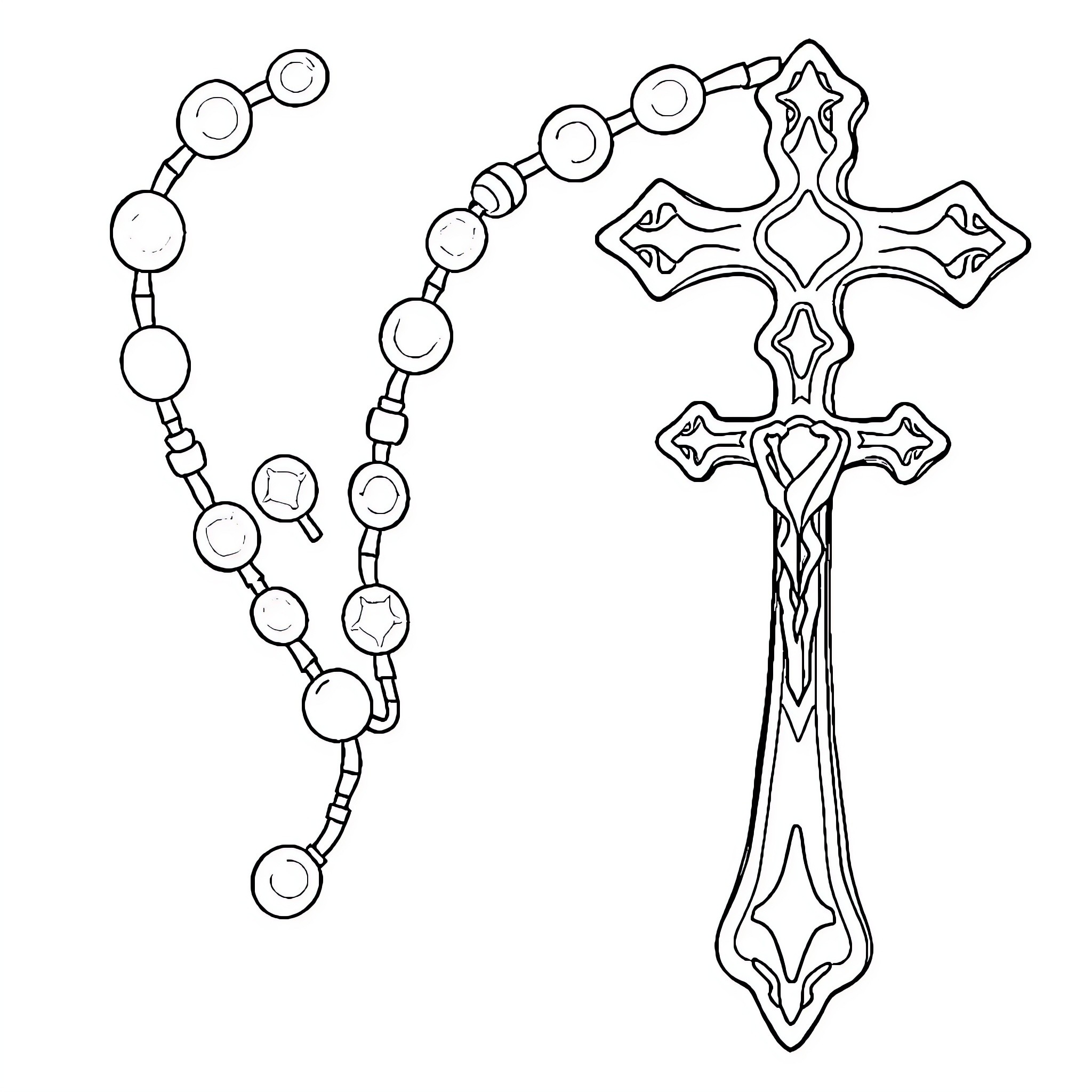 Rosary beads and ornate cross Coloring Page (free black-and-white line drawing printable PDF for all, from beginners to advanced learners, including children, teens, adults, and seniors)