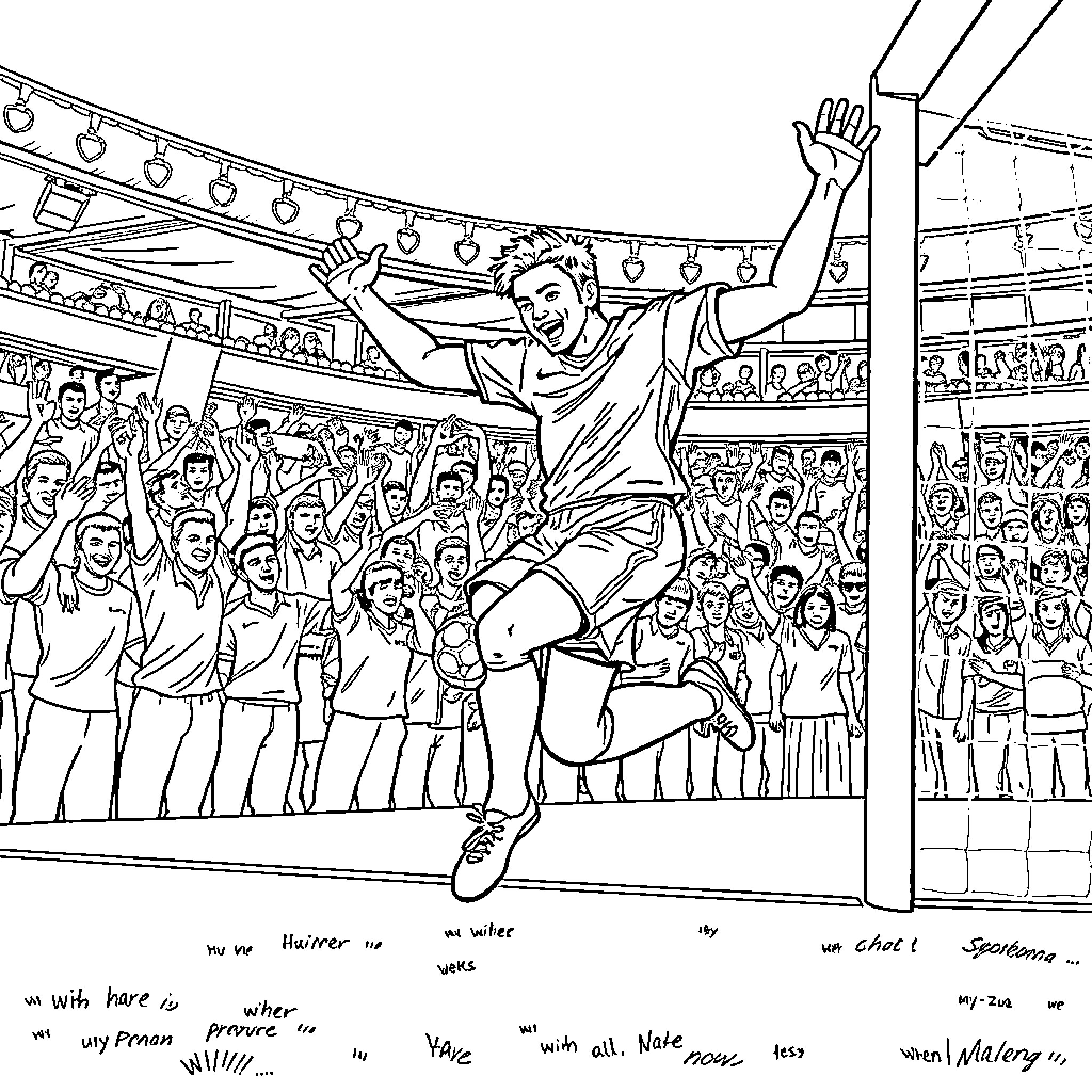 Soccer Player Celebrating Victory in Stadium Coloring Page (free black-and-white line drawing printable PDF for all, from beginners to advanced learners, including children, teens, adults, and seniors)
