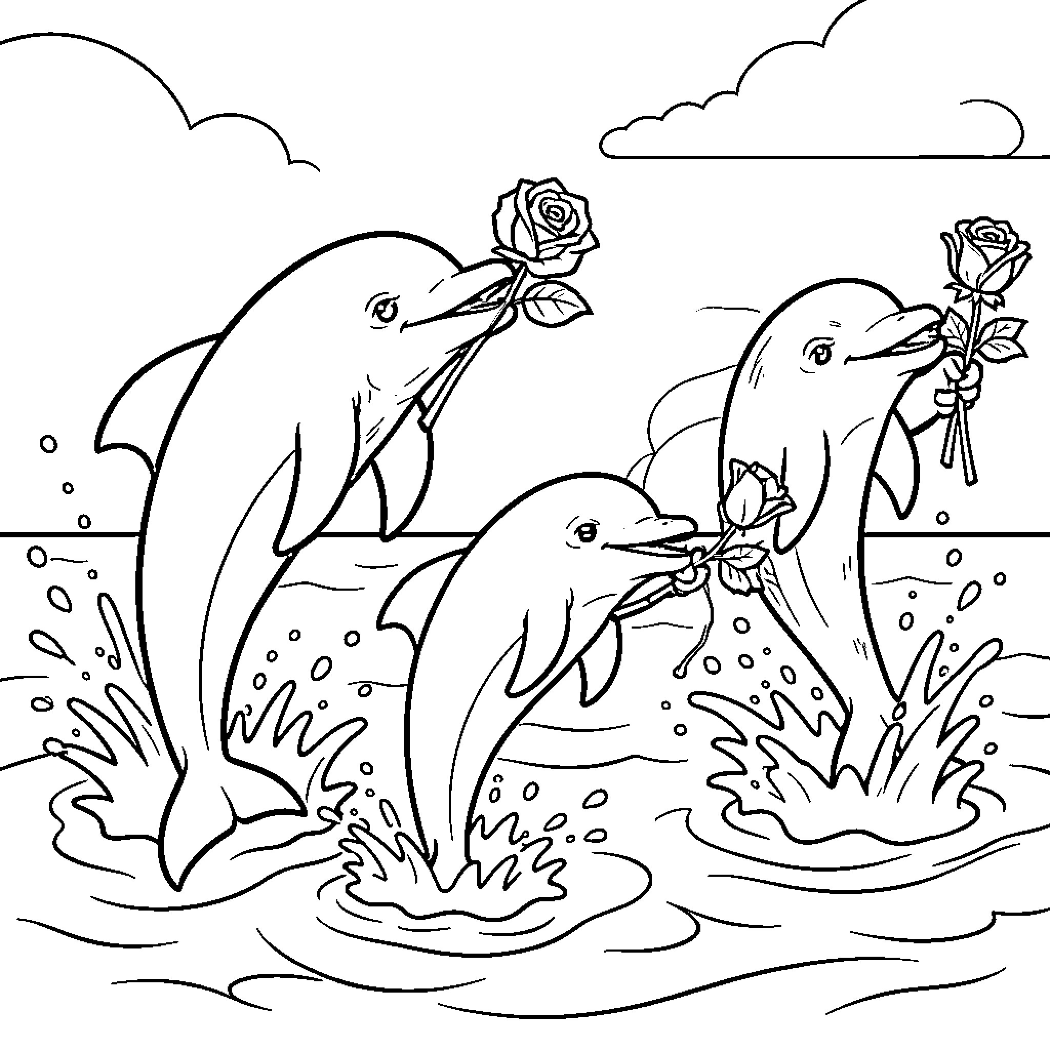 Dolphin leaping from waves holding roses in mouths Coloring Page (free black-and-white line drawing printable PDF for all, from beginners to advanced learners, including children, teens, adults, and seniors)