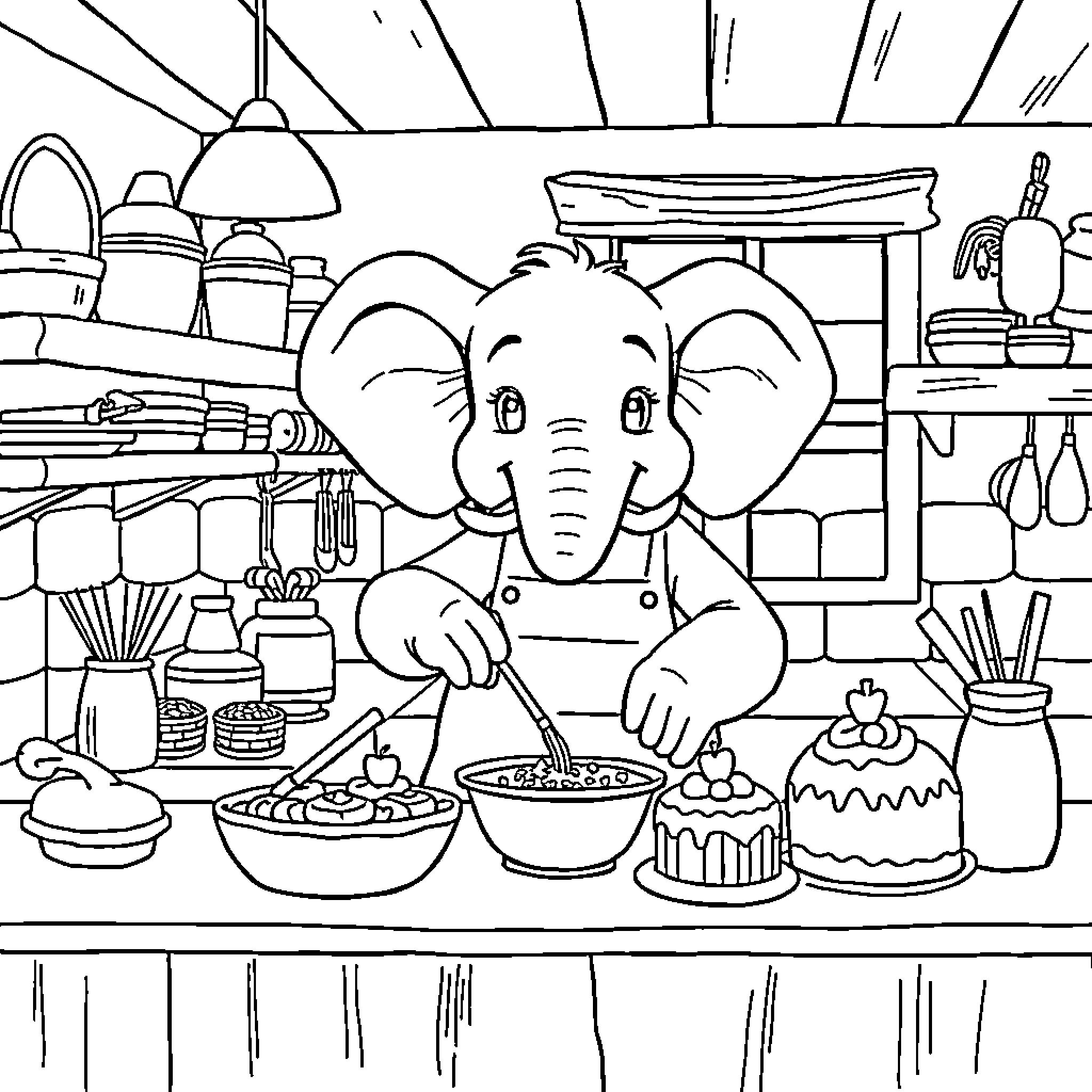 Elephant Chef Cooking in a Busy Kitchen Coloring Page (free black-and-white line drawing printable PDF for all, from beginners to advanced learners, including children, teens, adults, and seniors)