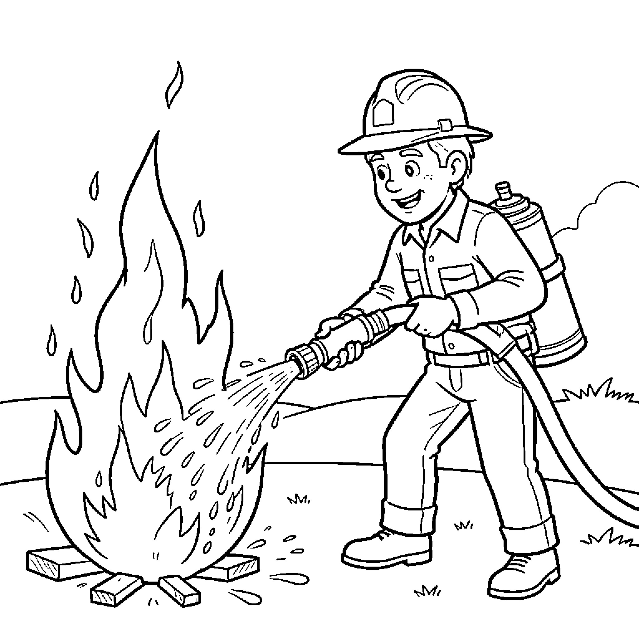 Marcus as a firefighter extinguishing a large fire Coloring Page (free black-and-white line drawing printable PDF for all, from beginners to advanced learners, including children, teens, adults, and seniors)