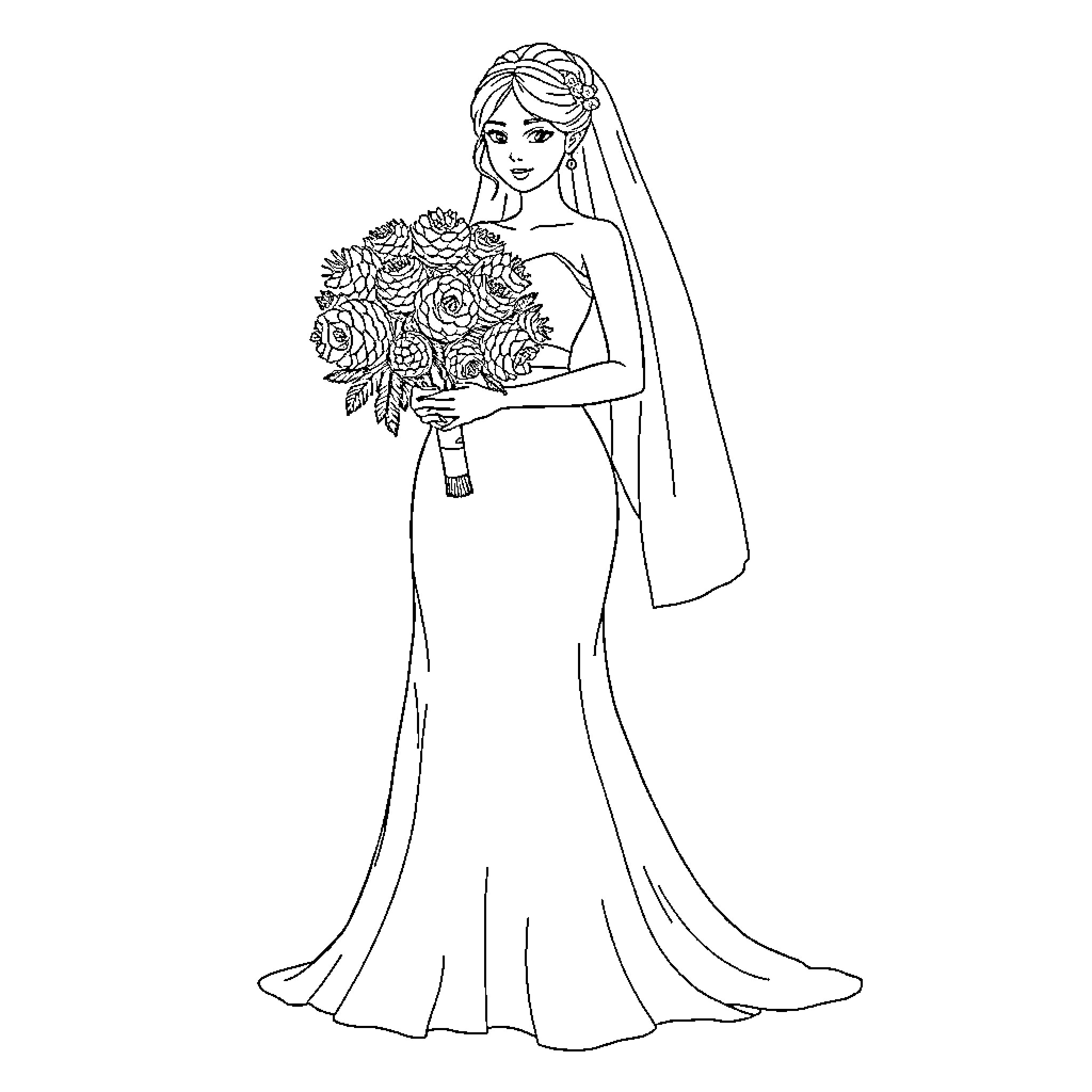 Bride in elegant gown holding bouquet of flowers Coloring Page (free black-and-white line drawing printable PDF for all, from beginners to advanced learners, including children, teens, adults, and seniors)