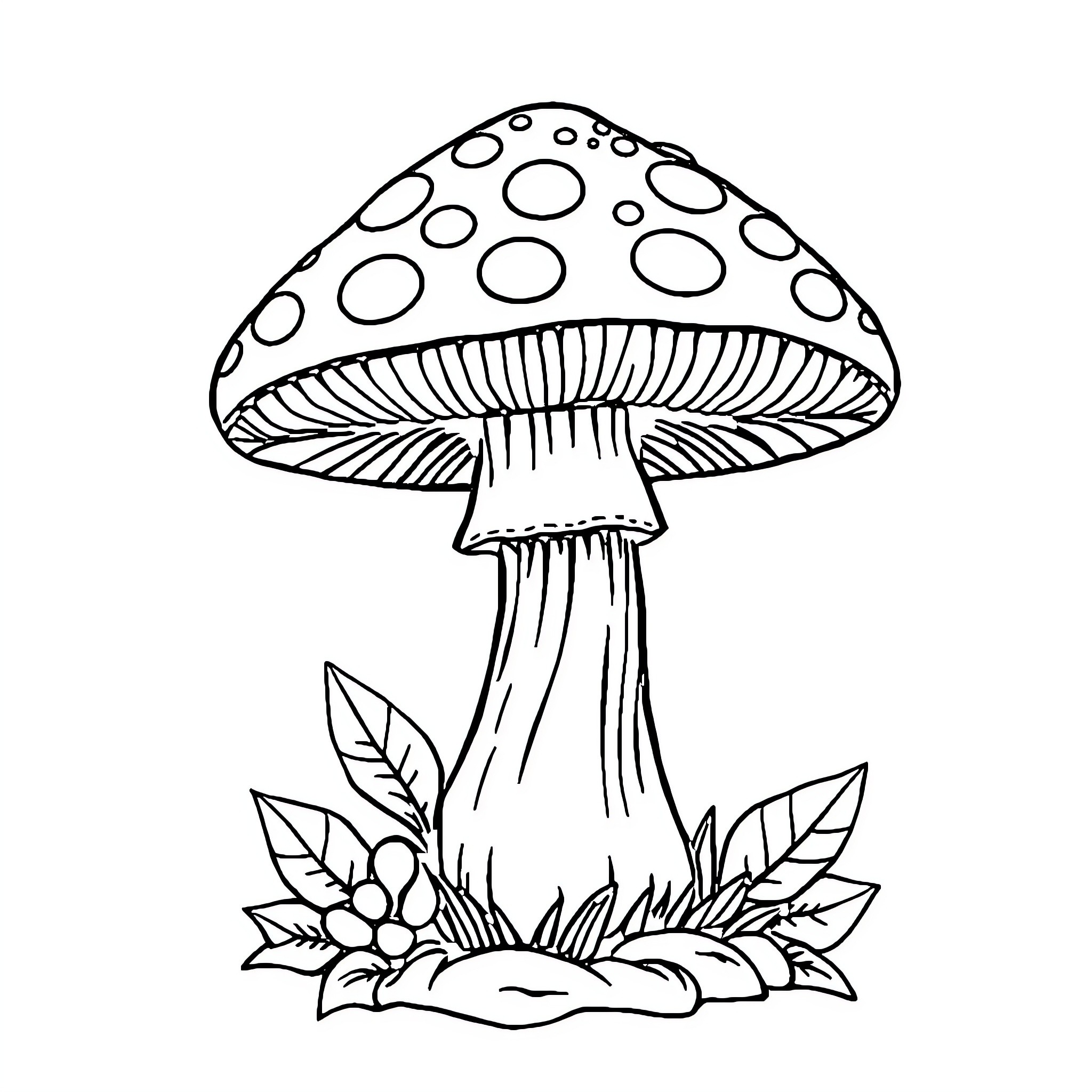Mushroom growing in the forest Coloring Page (free black-and-white line drawing printable PDF for all, from beginners to advanced learners, including children, teens, adults, and seniors)