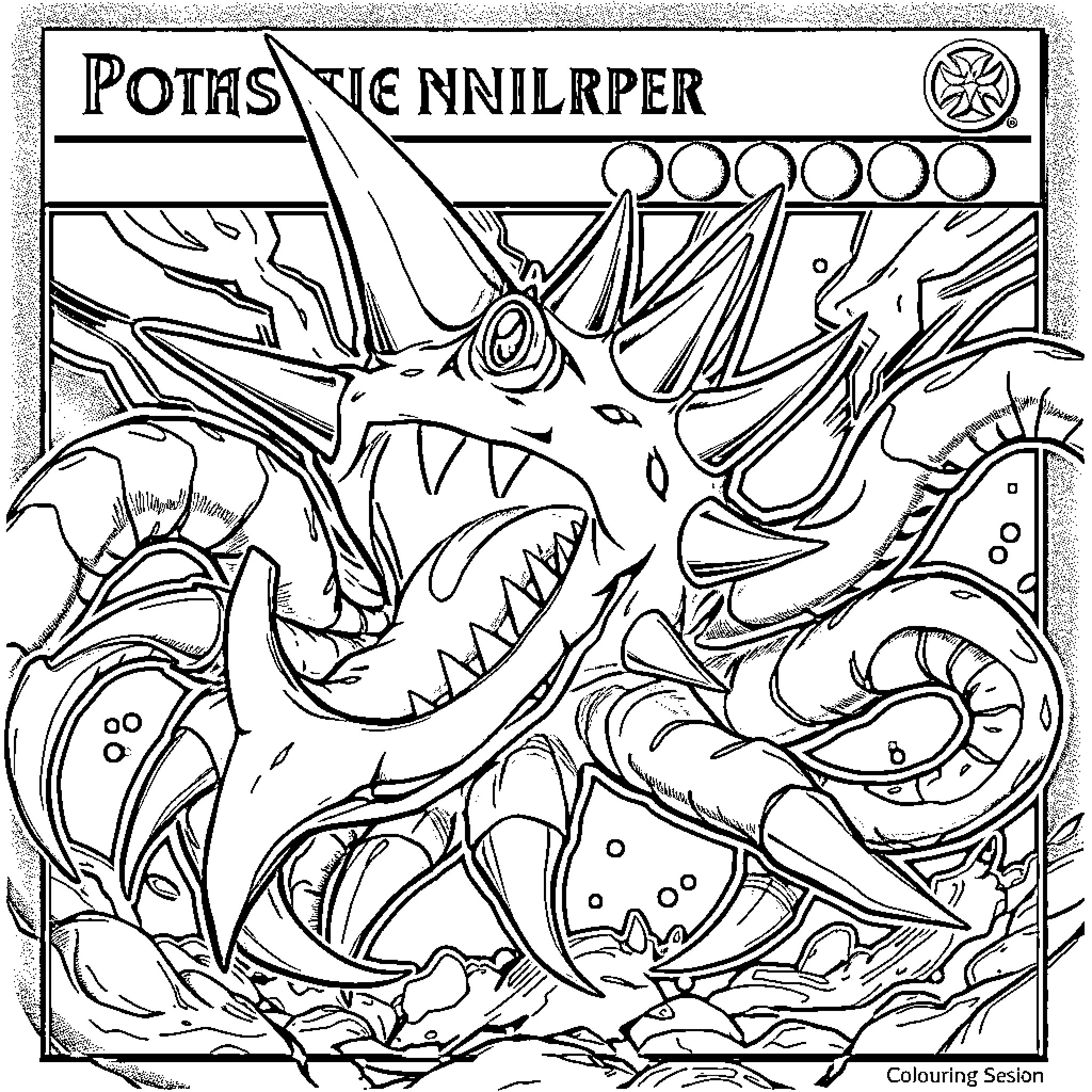 Yugioh Monstrous Underwater Creature in Perilous Action Coloring Page (free black-and-white line drawing printable PDF for all, from beginners to advanced learners, including children, teens, adults, and seniors)
