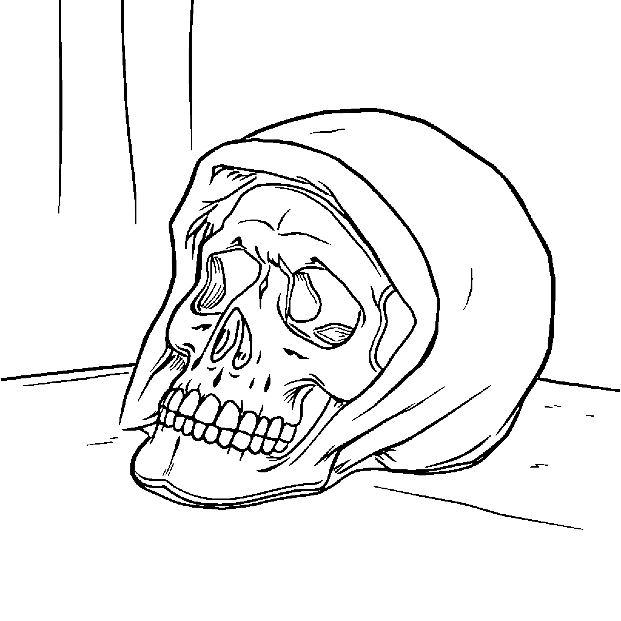 Skull Cap Skull in Dark Shadows Coloring Page (free black-and-white line drawing printable PDF for all, from beginners to advanced learners, including children, teens, adults, and seniors)