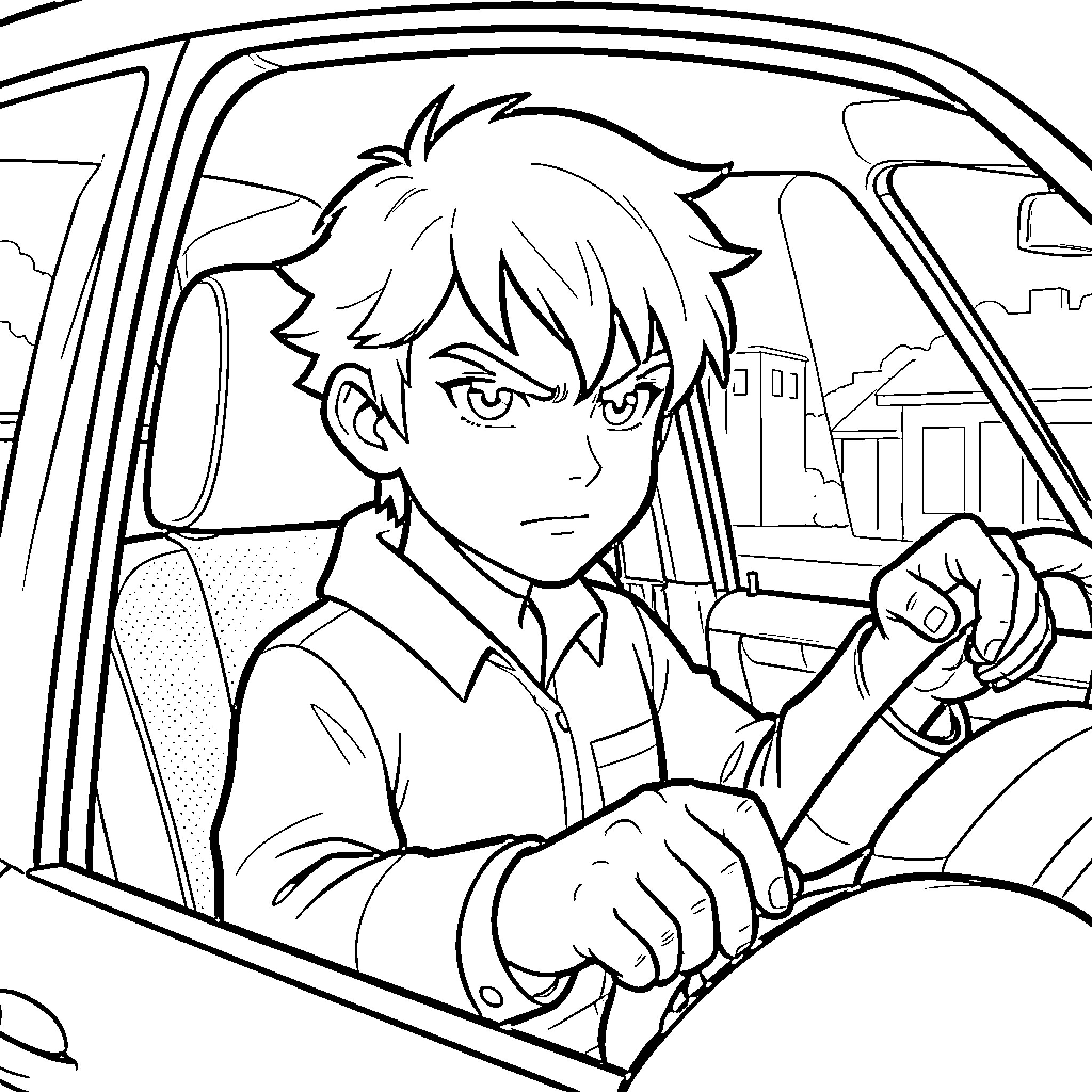 Adrien driving a car with a focused expression Coloring Page (free black-and-white line drawing printable PDF for all, from beginners to advanced learners, including children, teens, adults, and seniors)