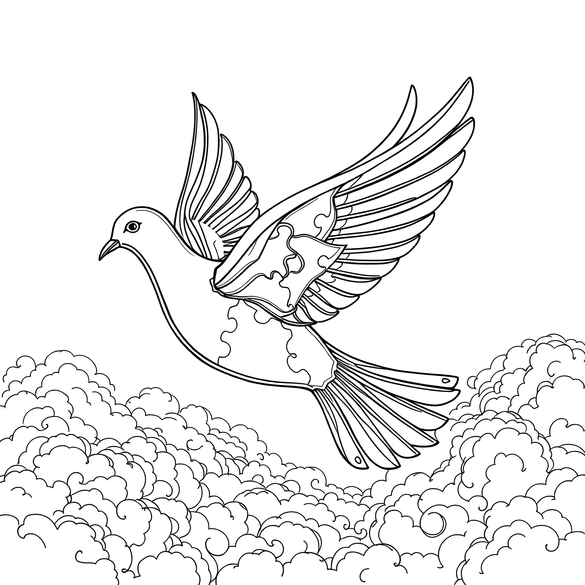 Dove soaring gracefully through the clouds Coloring Page (free black-and-white line drawing printable PDF for all, from beginners to advanced learners, including children, teens, adults, and seniors)
