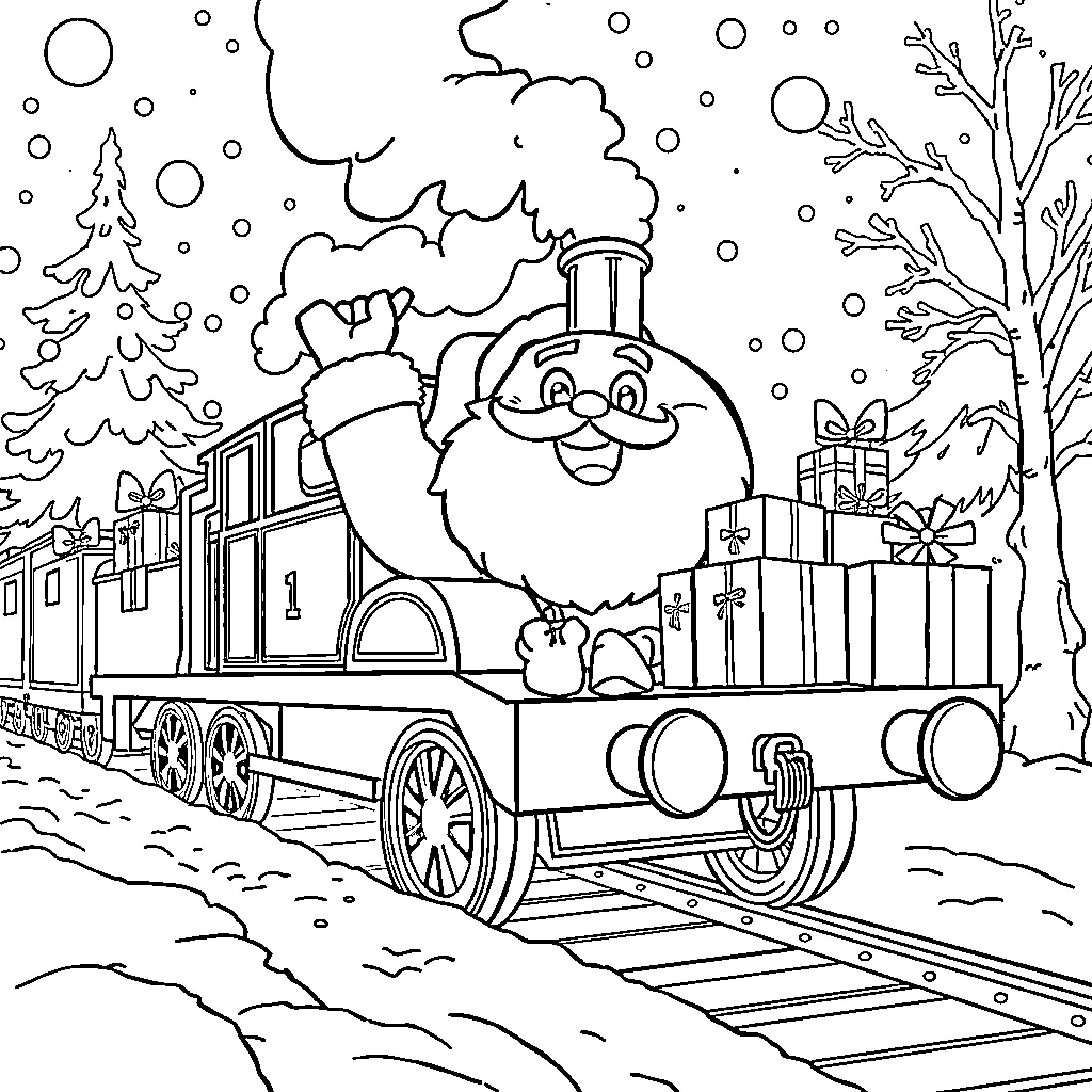 Santa's Festive Train Adventure Coloring Page (free black-and-white line drawing printable PDF for all, from beginners to advanced learners, including children, teens, adults, and seniors)