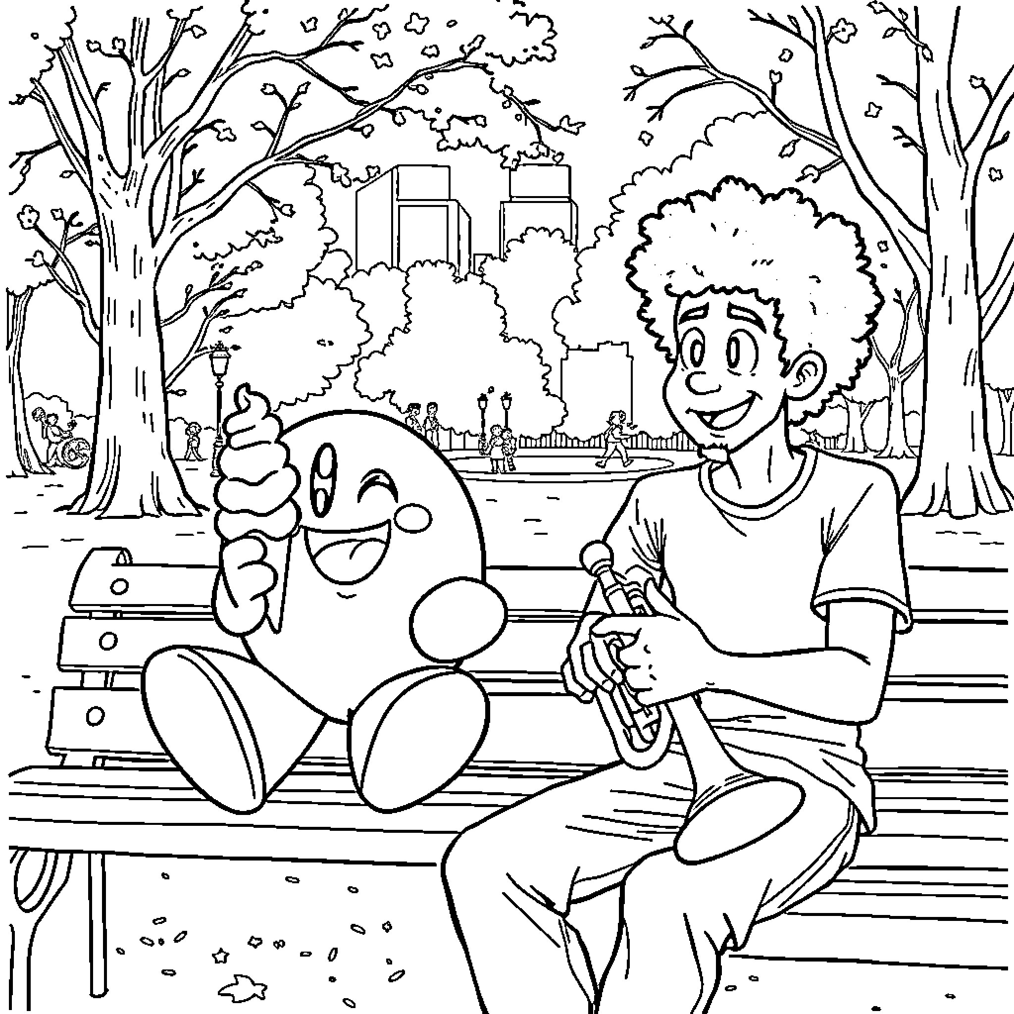 Kirby enjoying a peaceful day in the park Coloring Page (free black-and-white line drawing printable PDF for all, from beginners to advanced learners, including children, teens, adults, and seniors)