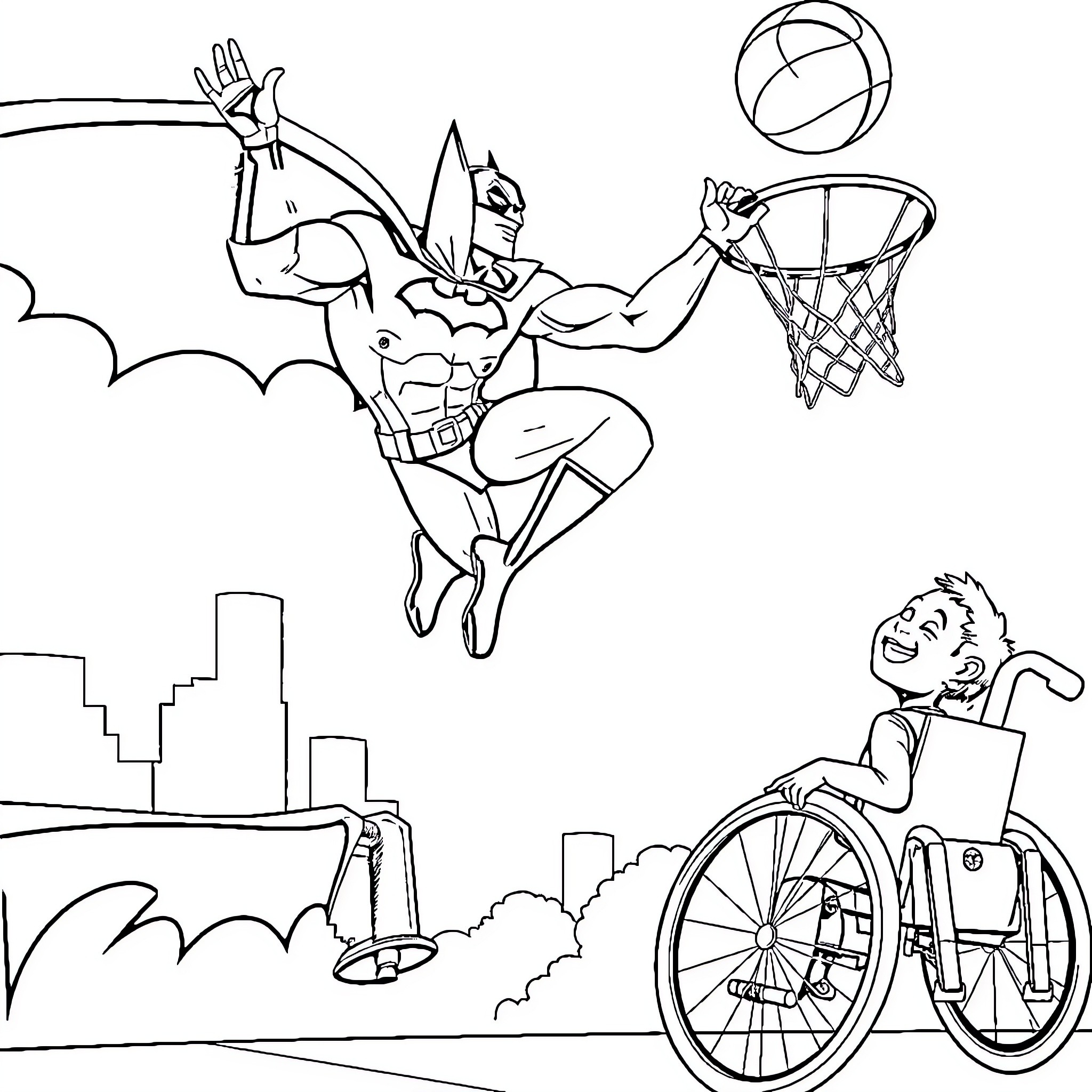 Batman's Heroic Basketball Dunk and Wheelchair Adventure Coloring Page (free black-and-white line drawing printable PDF for all, from beginners to advanced learners, including children, teens, adults, and seniors)