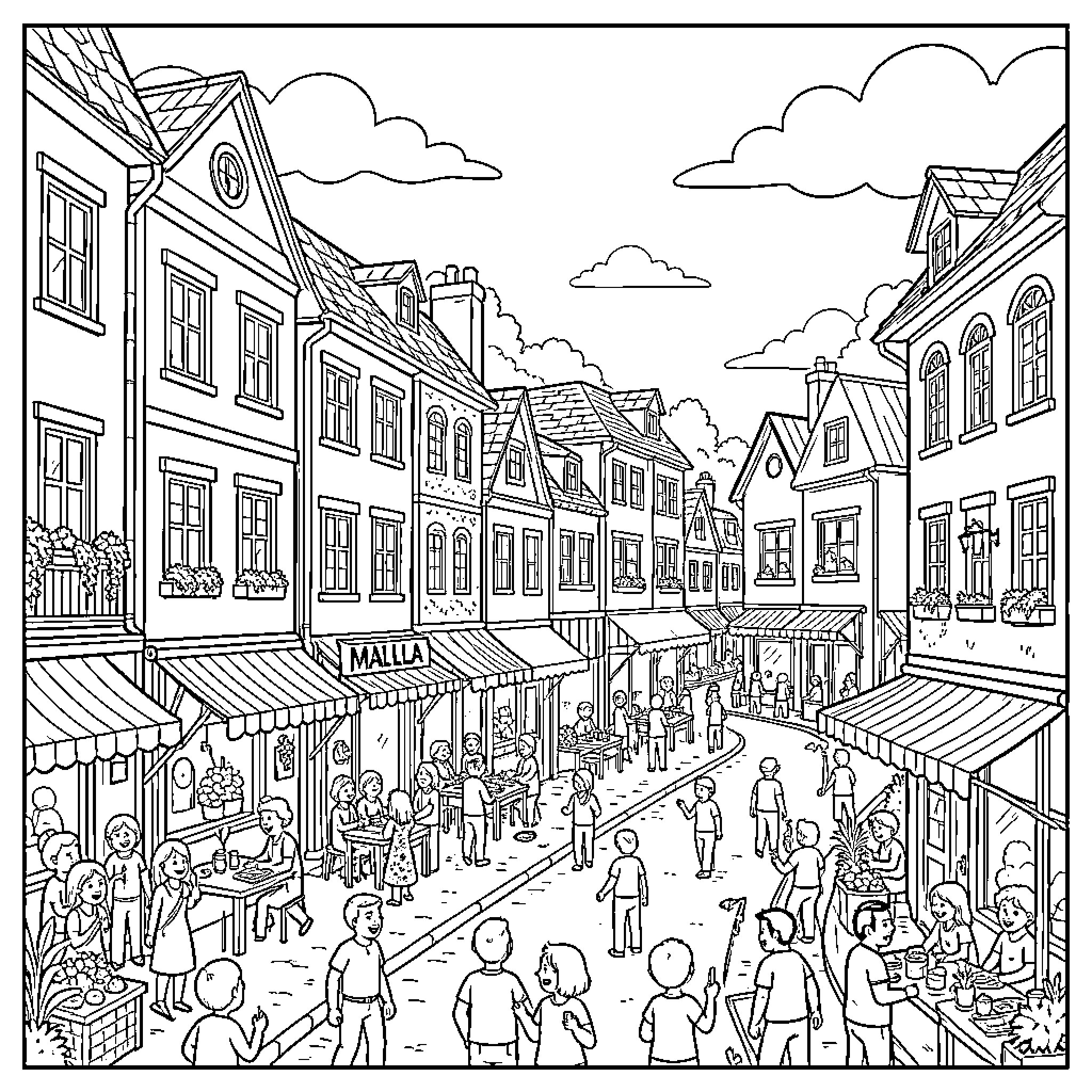 Malilla: Bustling Marketplace in a Quaint Town Coloring Page (free black-and-white line drawing printable PDF for all, from beginners to advanced learners, including children, teens, adults, and seniors)