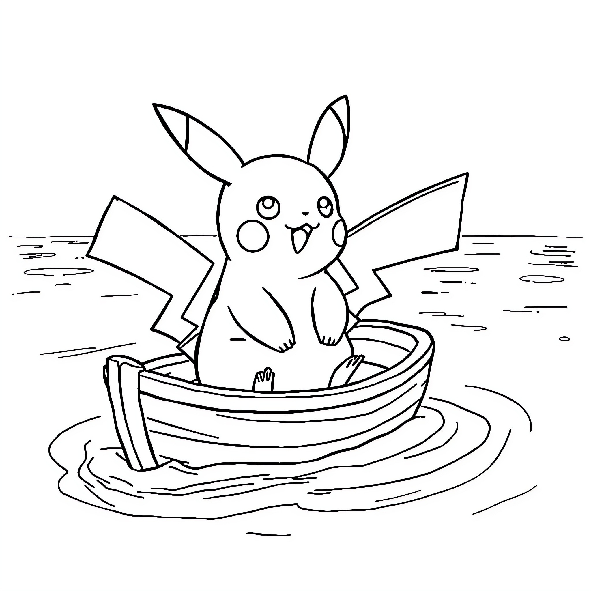Pikachu excitedly exploring a small boat Coloring Page (free black-and-white line drawing printable PDF for all, from beginners to advanced learners, including children, teens, adults, and seniors)
