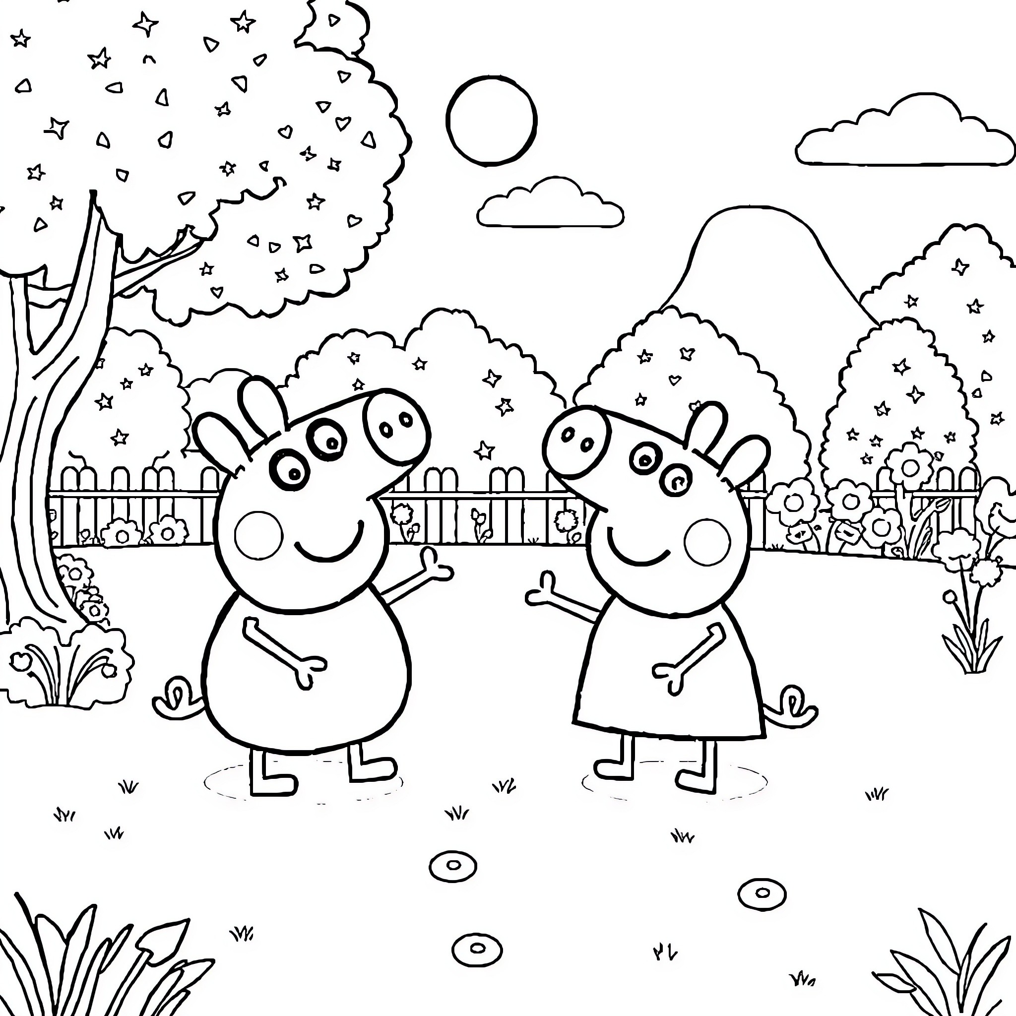 Bluey and Bingo's Outdoor Adventure Coloring Page (free black-and-white line drawing printable PDF for all, from beginners to advanced learners, including children, teens, adults, and seniors)
