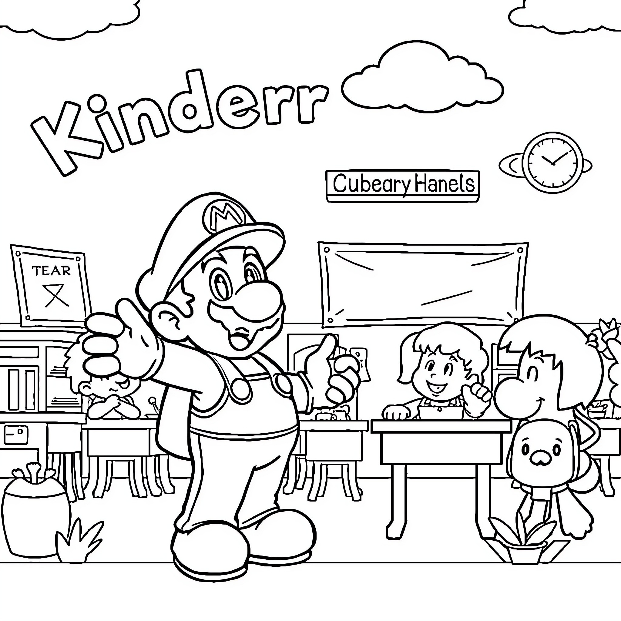 Mario in a classroom setting with students Coloring Page (free black-and-white line drawing printable PDF for all, from beginners to advanced learners, including children, teens, adults, and seniors)