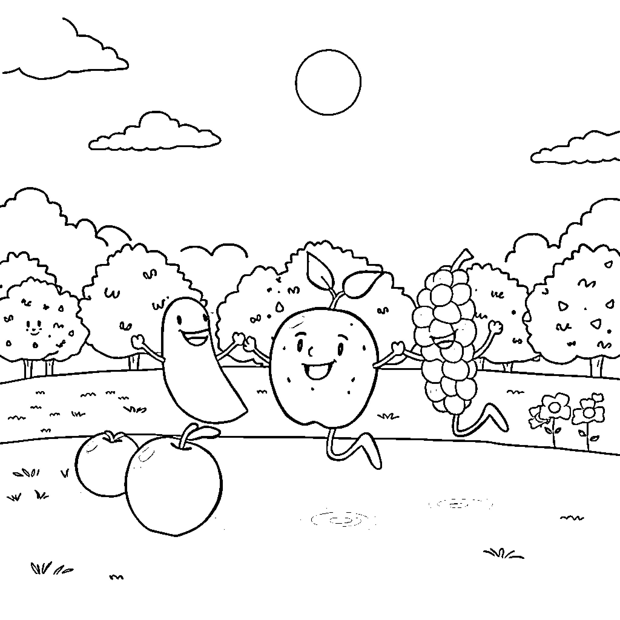 Fruit characters in a scenic landscape Coloring Page (free black-and-white line drawing printable PDF for all, from beginners to advanced learners, including children, teens, adults, and seniors)
