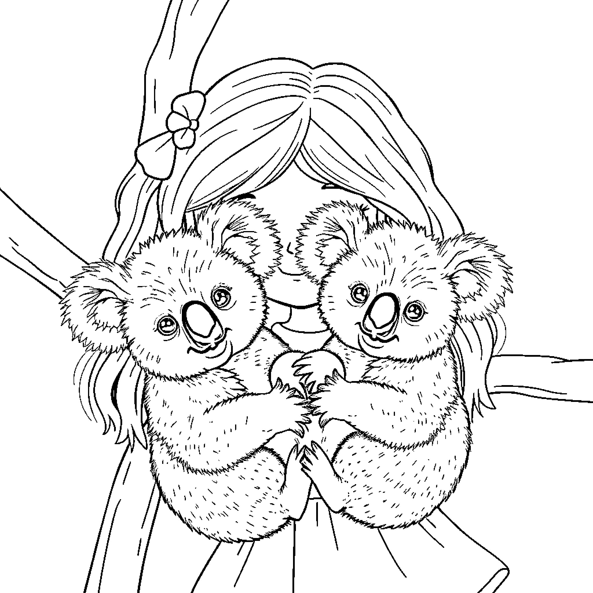 Girl hugging two furry koalas Coloring Page (free black-and-white line drawing printable PDF for all, from beginners to advanced learners, including children, teens, adults, and seniors)