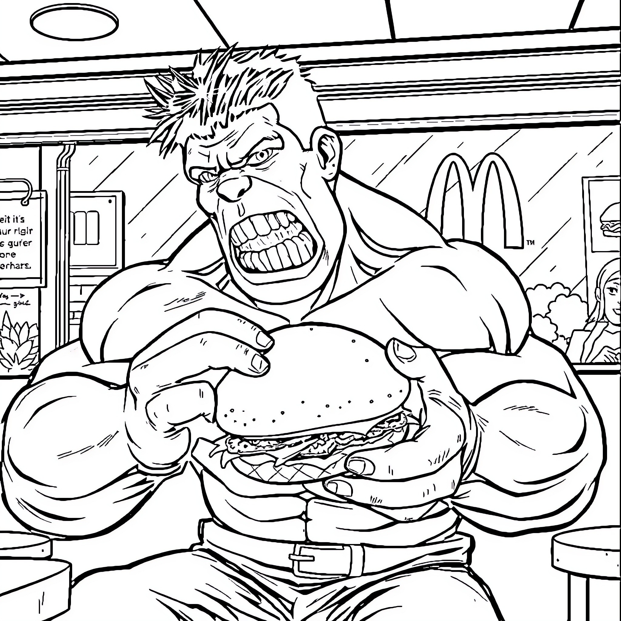 Hulk Enjoying a Burger at the Fast Food Joint Coloring Page (free black-and-white line drawing printable PDF for all, from beginners to advanced learners, including children, teens, adults, and seniors)