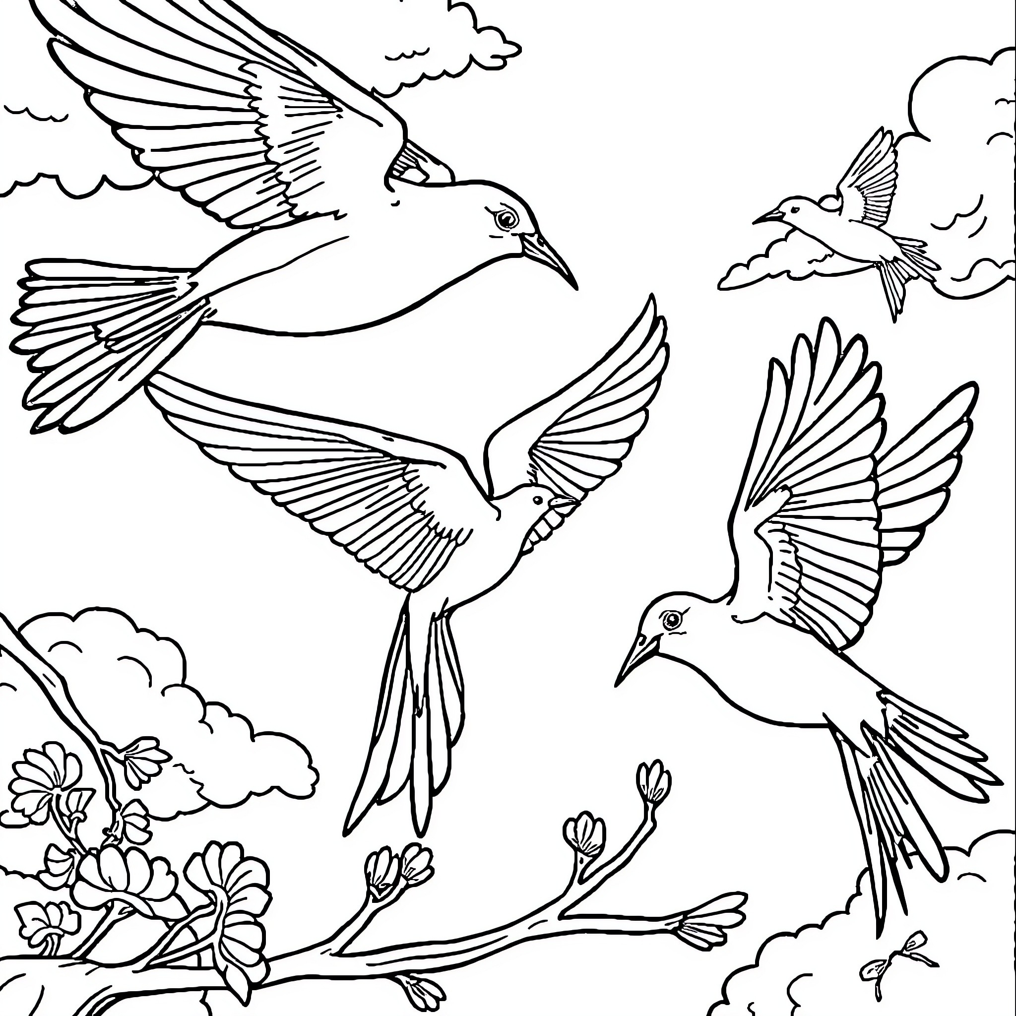 Birds flying gracefully in the sky Coloring Page (free black-and-white line drawing printable PDF for all, from beginners to advanced learners, including children, teens, adults, and seniors)