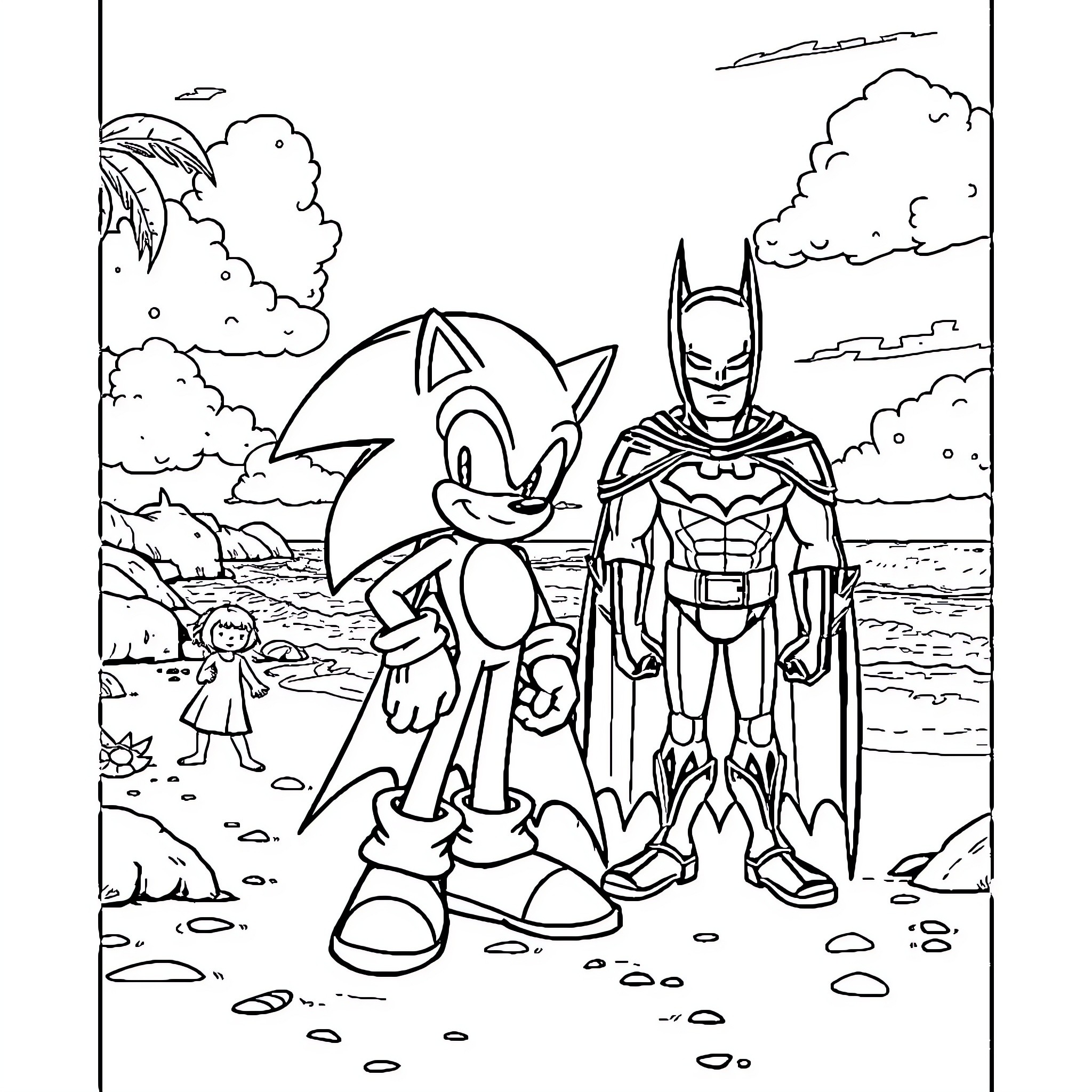 Sonic the Hedgehog and Batman Explore the Outdoors Coloring Page (free black-and-white line drawing printable PDF for all, from beginners to advanced learners, including children, teens, adults, and seniors)