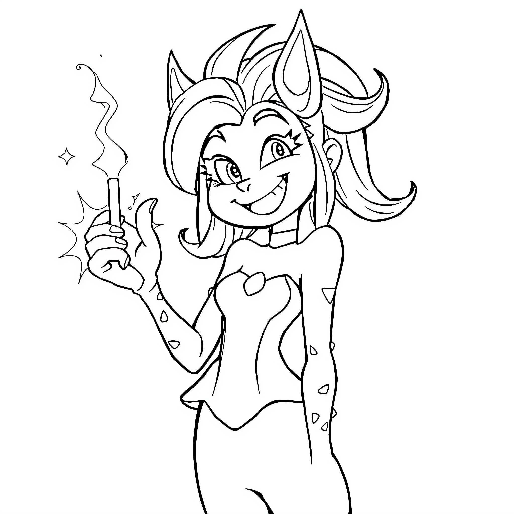 Jinx casting a spell with a smile Coloring Page (free black-and-white line drawing printable PDF for all, from beginners to advanced learners, including children, teens, adults, and seniors)