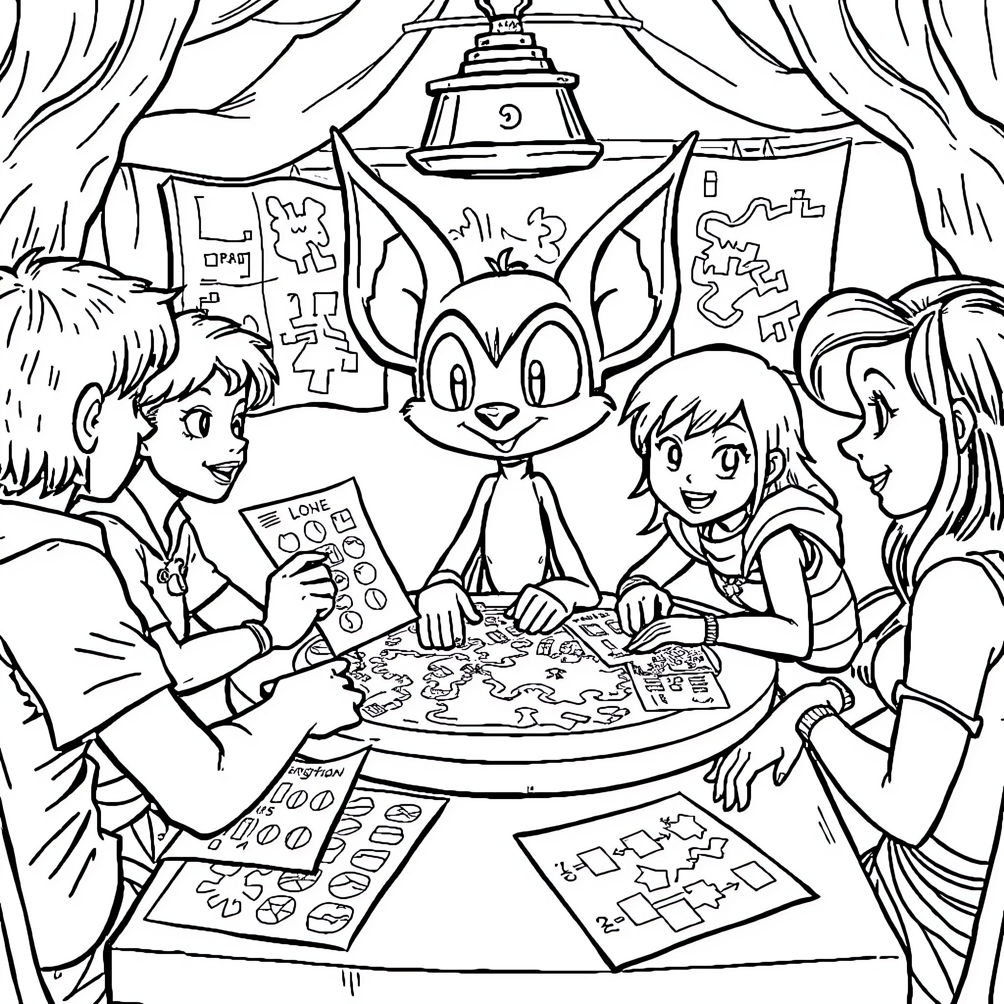 Batty friends having a game night together Coloring Page (free black-and-white line drawing printable PDF for all, from beginners to advanced learners, including children, teens, adults, and seniors)