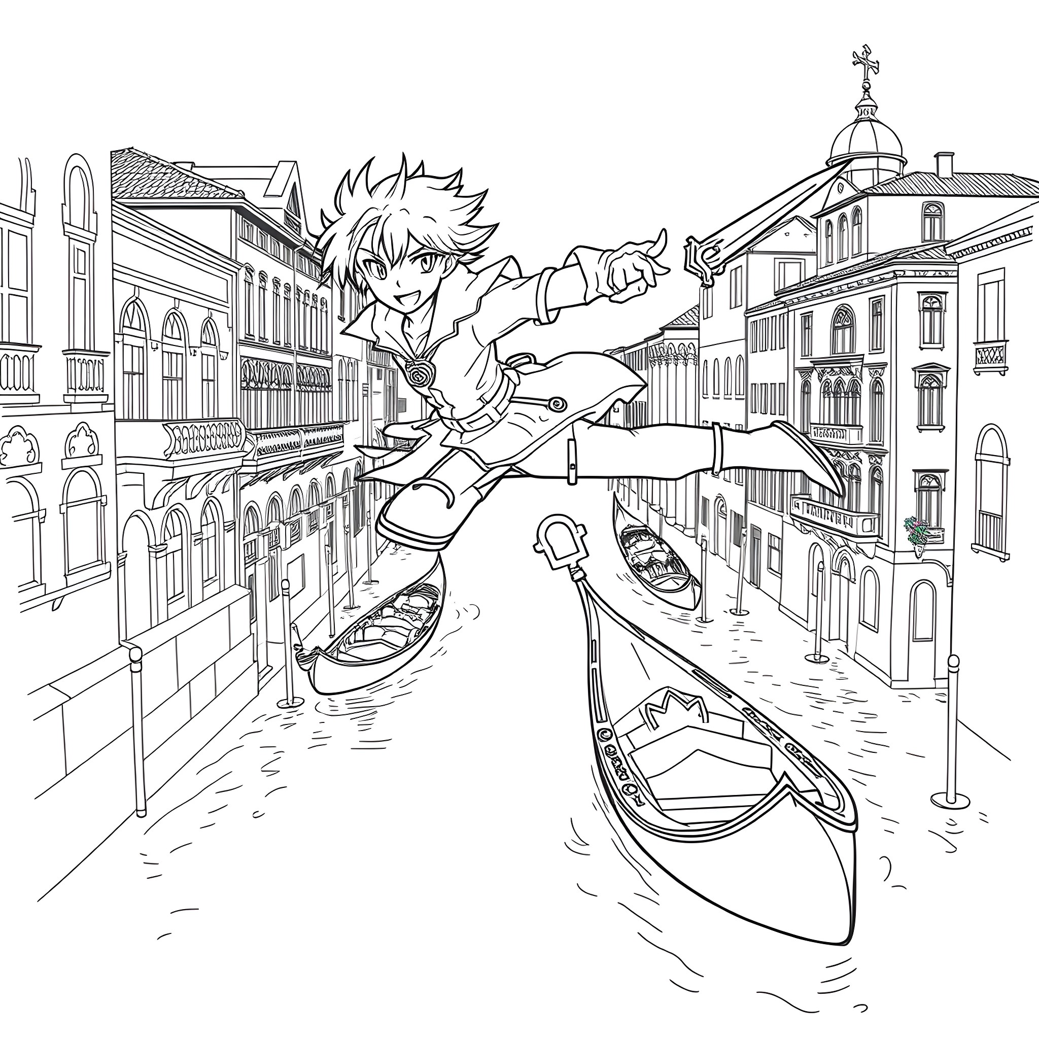 Sora's Thrilling Gondola Ride through the Venetian Cityscape Coloring Page (free black-and-white line drawing printable PDF for all, from beginners to advanced learners, including children, teens, adults, and seniors)