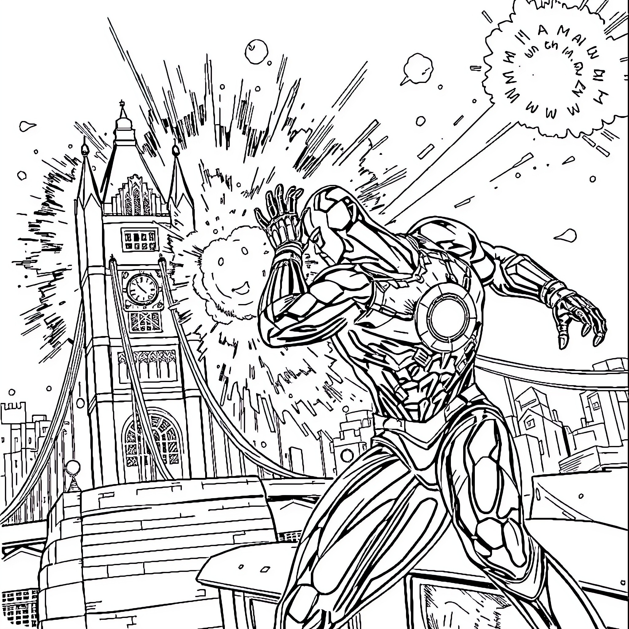 Black Panther heroically leaping into action in the city Coloring Page (free black-and-white line drawing printable PDF for all, from beginners to advanced learners, including children, teens, adults, and seniors)