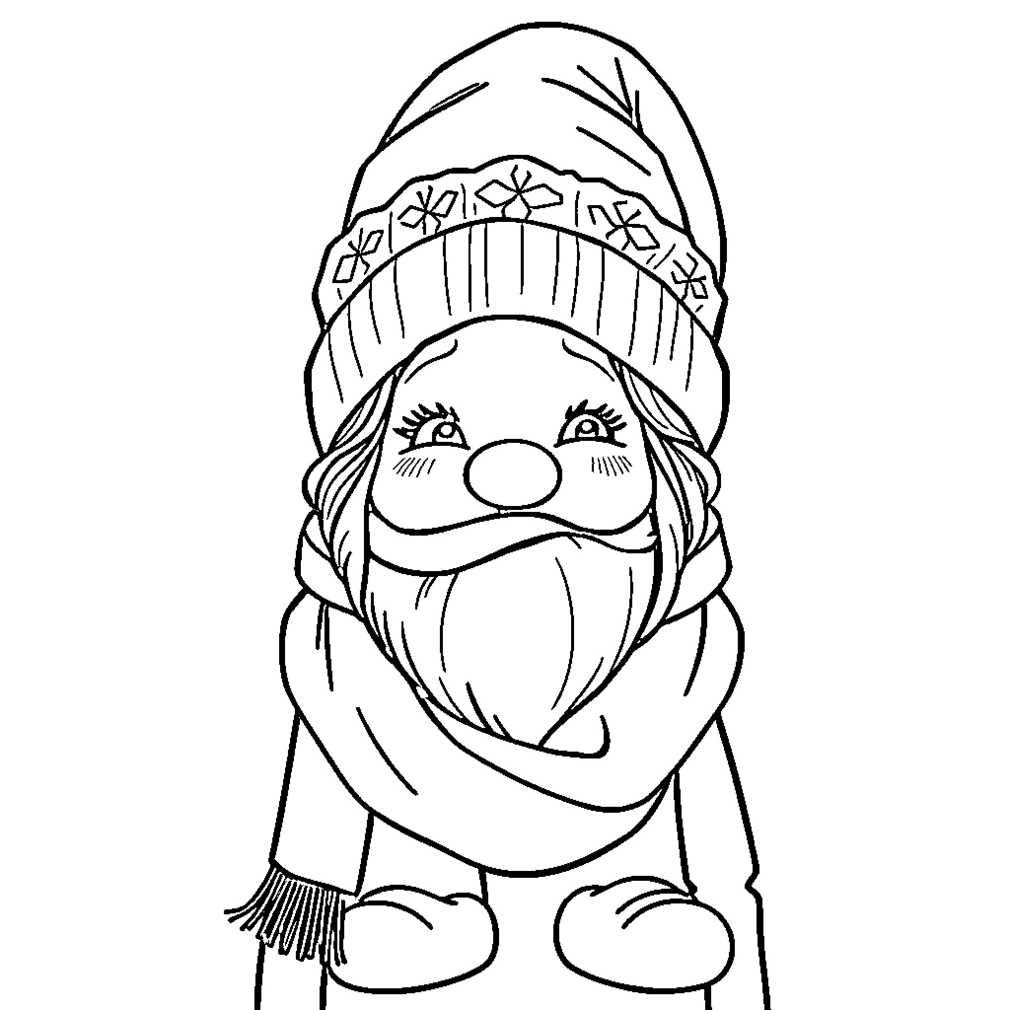 Gnome wearing winter clothing and accessories Coloring Page (free black-and-white line drawing printable PDF for all, from beginners to advanced learners, including children, teens, adults, and seniors)