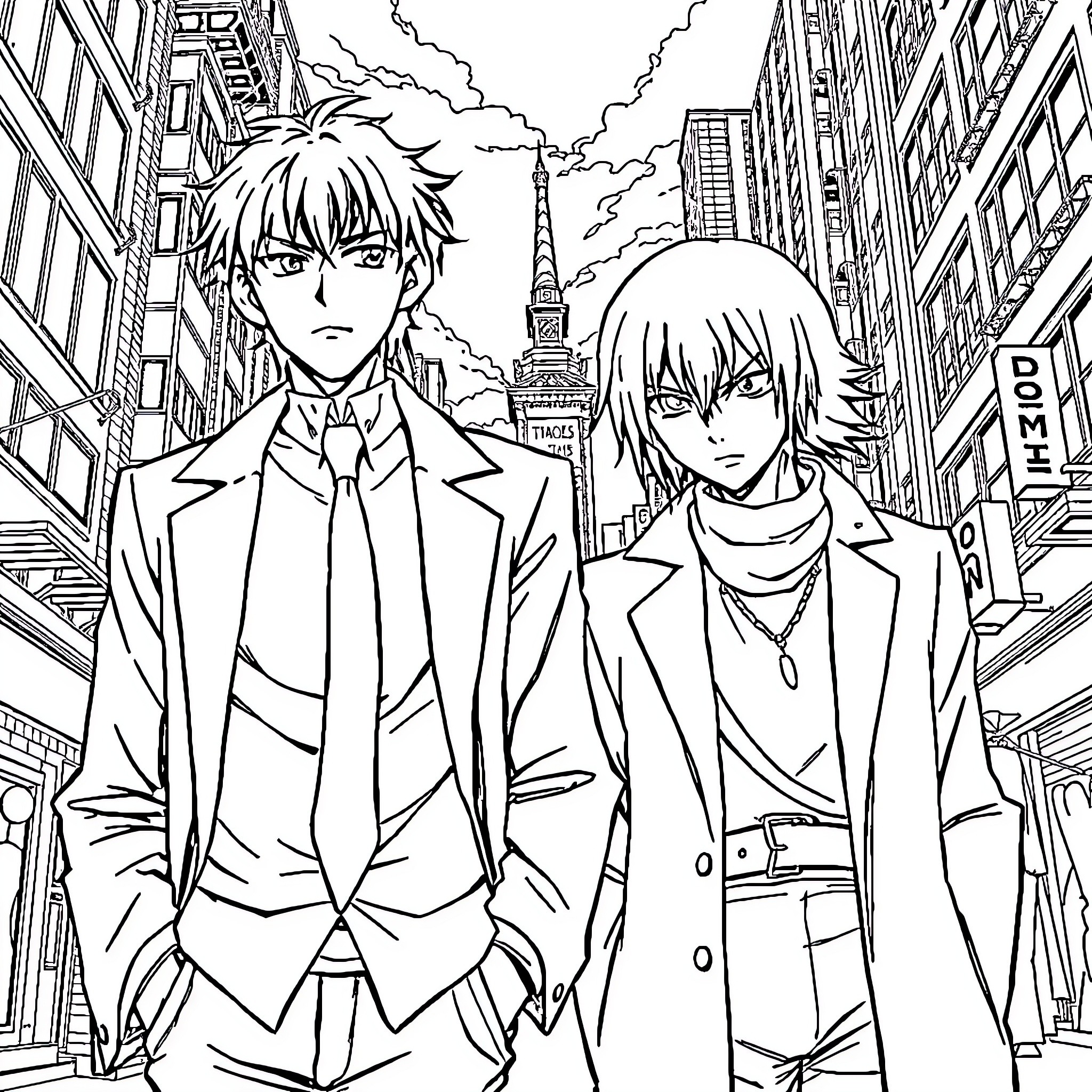 Dazai Osamu and Companion in Urban Setting Coloring Page (free black-and-white line drawing printable PDF for all, from beginners to advanced learners, including children, teens, adults, and seniors)