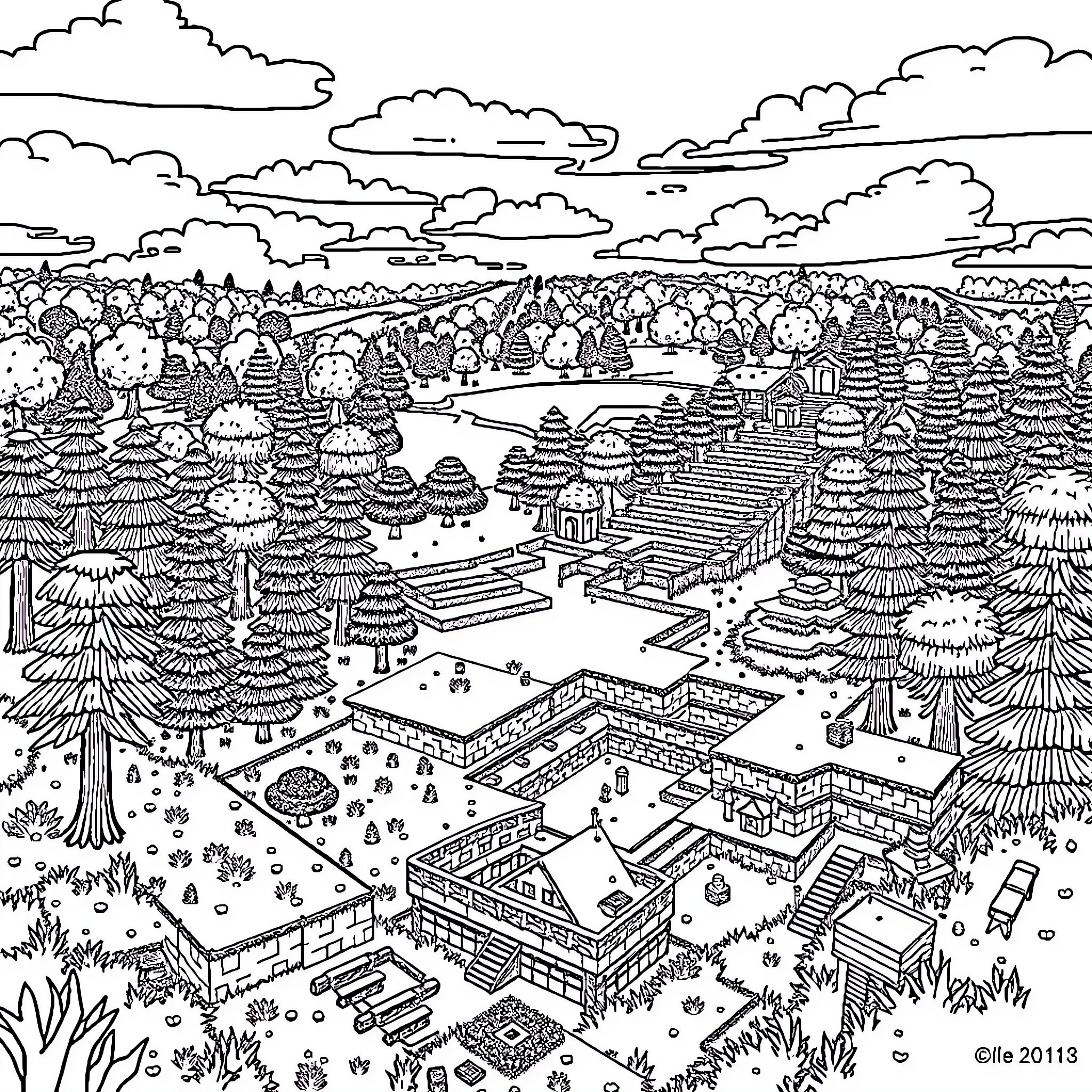Minecraft scenic landscape with buildings and vegetation Coloring Page (free black-and-white line drawing printable PDF for all, from beginners to advanced learners, including children, teens, adults, and seniors)