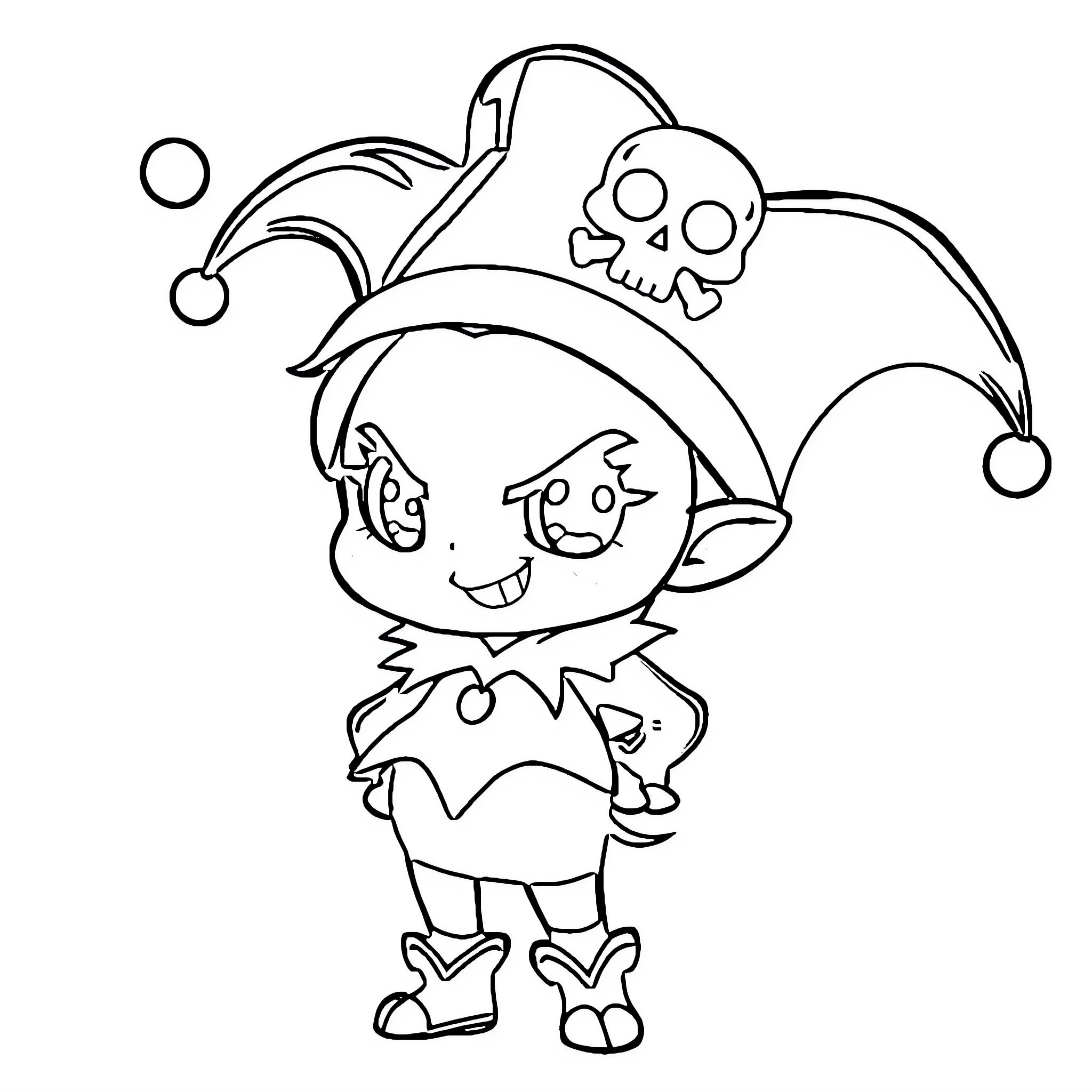 Kuromi playing in a silly jester outfit Coloring Page (free black-and-white line drawing printable PDF for all, from beginners to advanced learners, including children, teens, adults, and seniors)