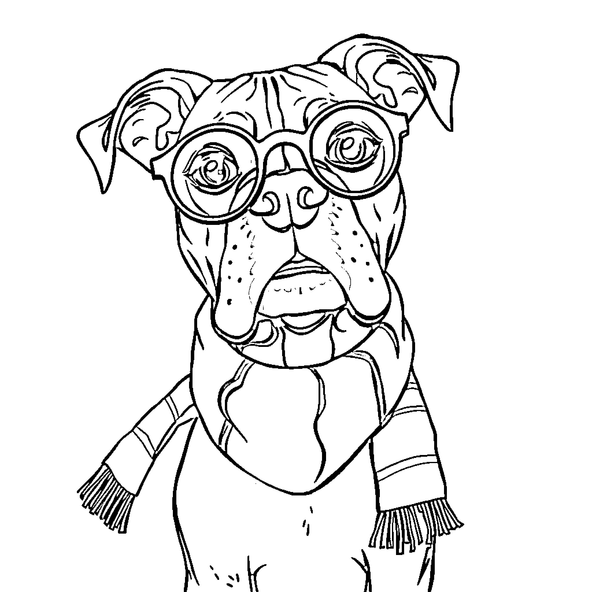 Boxer dog wearing glasses and scarf Coloring Page (free black-and-white line drawing printable PDF for all, from beginners to advanced learners, including children, teens, adults, and seniors)