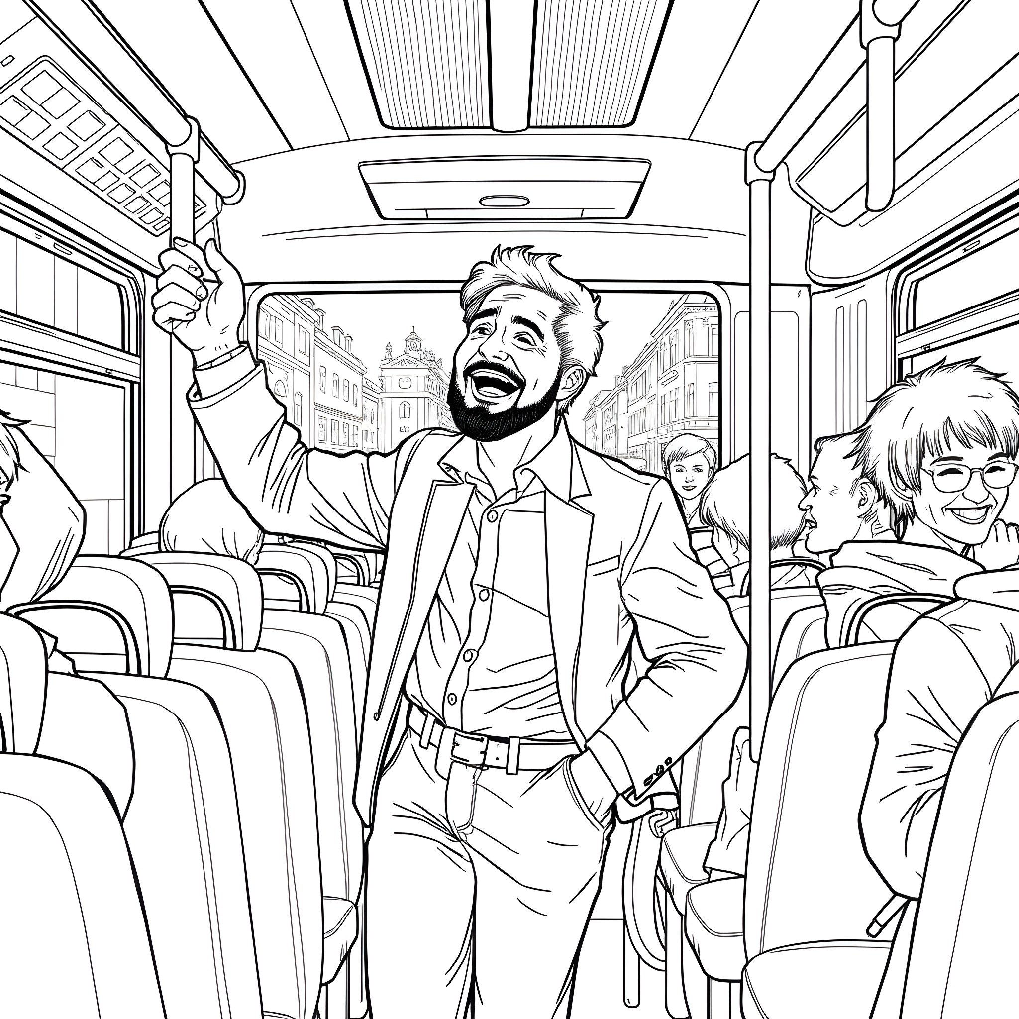 Man happily riding public transportation with others Coloring Page (free black-and-white line drawing printable PDF for all, from beginners to advanced learners, including children, teens, adults, and seniors)